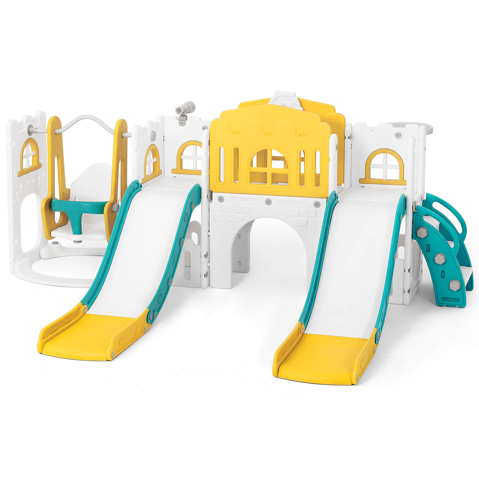 10 in 1 Toddler Slide, Double Kid Climber Slide Playset w/Swing, Basketball Hoop, Telescope, Tunnel, Storage Space and Non-Slip Steps, Indoor Outdoor Backyard Playground Toy for Toddlers