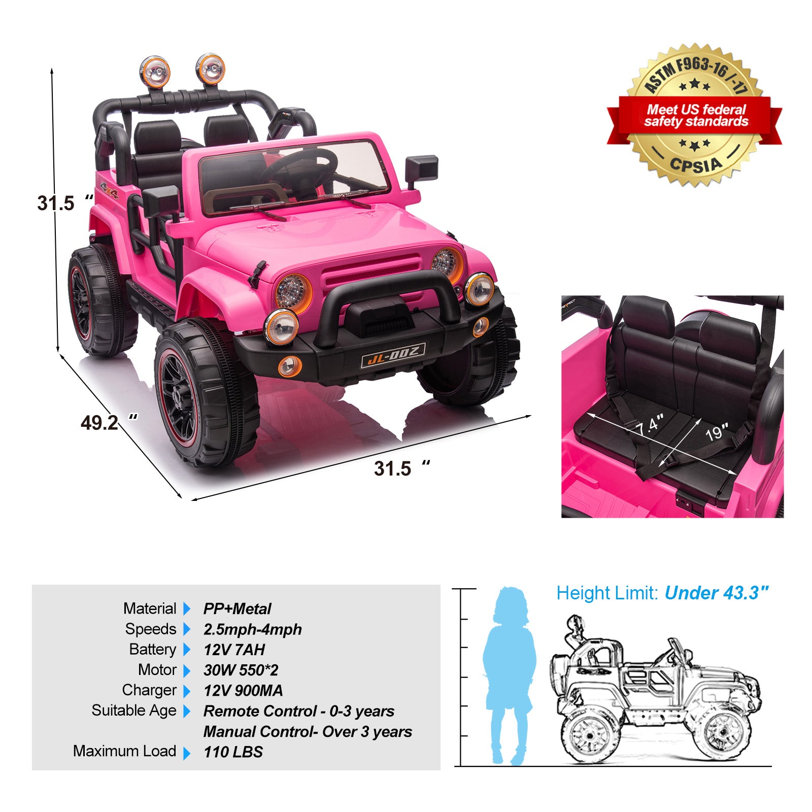 #40119 2 Seater Ride On Truck and Car Cover, 12V Children's Electric Car with Parental Remote Control, Music, Bluetooth, MP3 Player, LED Lights, Spring Suspension