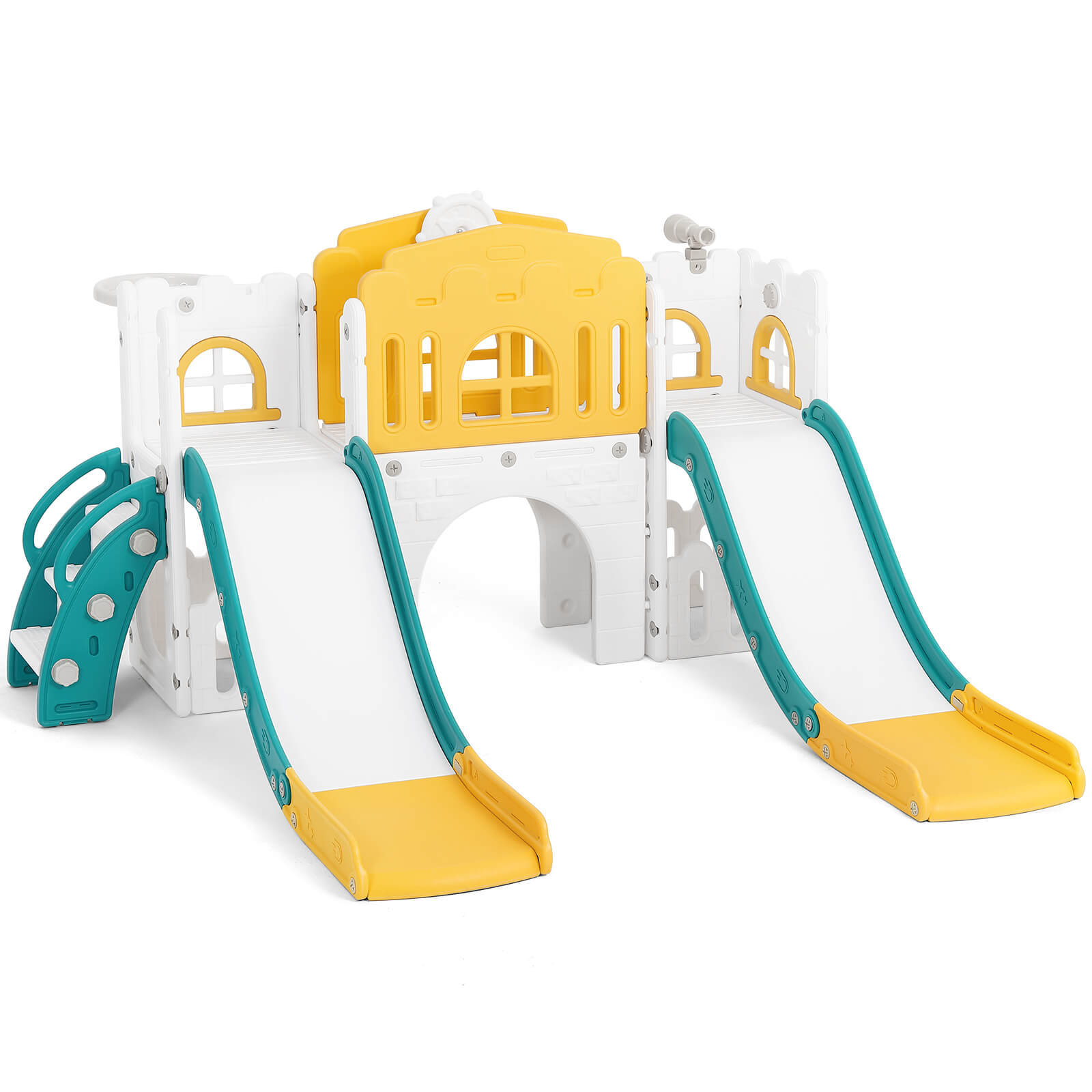 #40118 9 in 1 Toddler Slide, Toddler Playground with Double Slides, Climber,Basketball Hoop,Tunnel, Telescope, Storage Space and Non-Slip Step, Indoor Outdoor Backyard Playset for Toddlers Age 1-3+