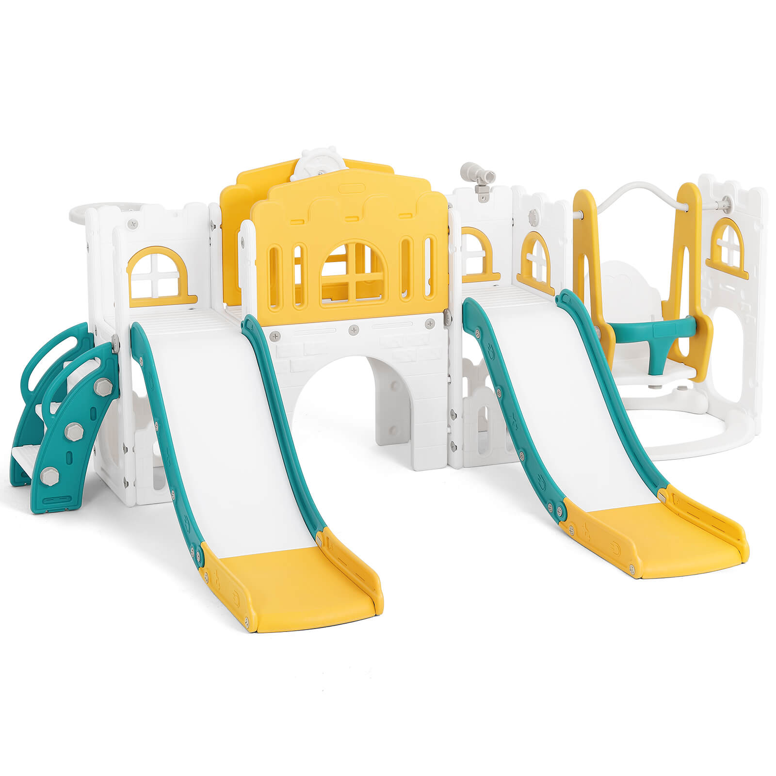 10 in 1 Toddler Slide, Double Kid Climber Slide Playset w/Swing, Basketball Hoop, Telescope, Tunnel, Storage Space and Non-Slip Steps, Indoor Outdoor Backyard Playground Toy for Toddlers