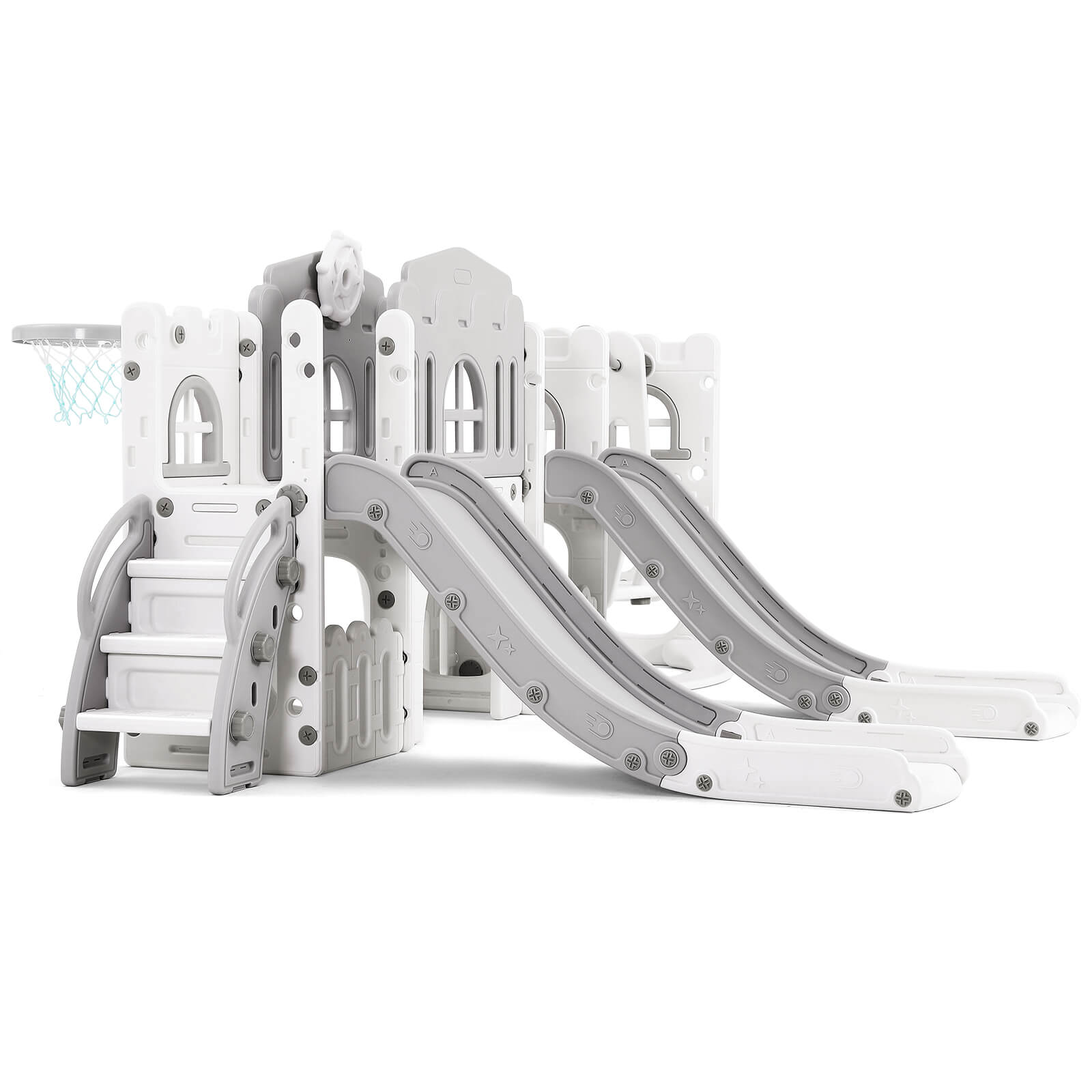 10 in 1 Toddler Slide, Double Kid Climber Slide Playset w/Swing, Basketball Hoop, Telescope, Tunnel, Storage Space and Non-Slip Steps, Indoor Outdoor Backyard Playground Toy for Toddlers