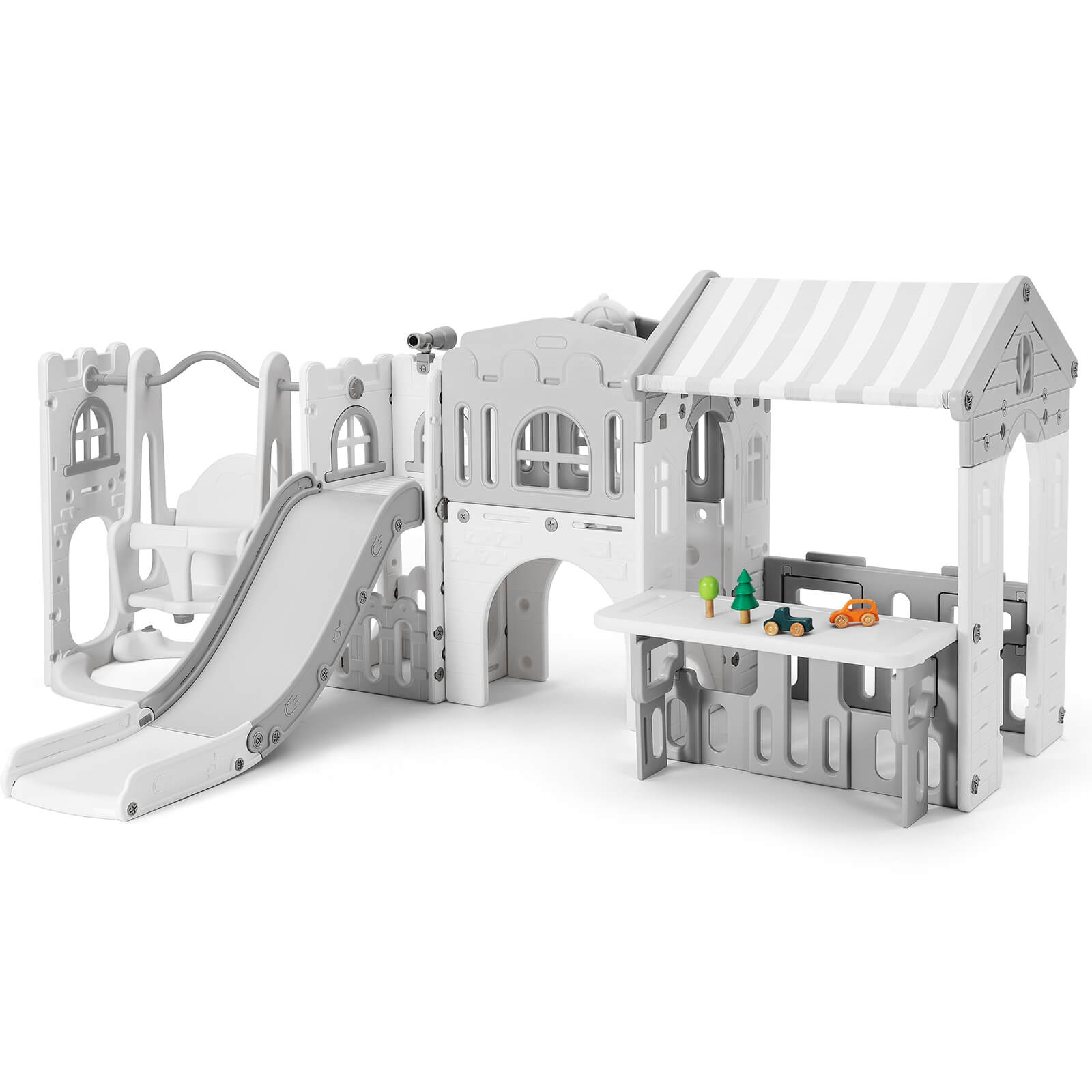 #40123 10 in 1 Toddler Slide, Freestanding Kid Climber Slide Playset, Toddler Playhouse with Slide and Swing, Basketball Hoop, Telescope, Indoor Outdoor Backyard Playground Toy for Toddlers Age 1-3+