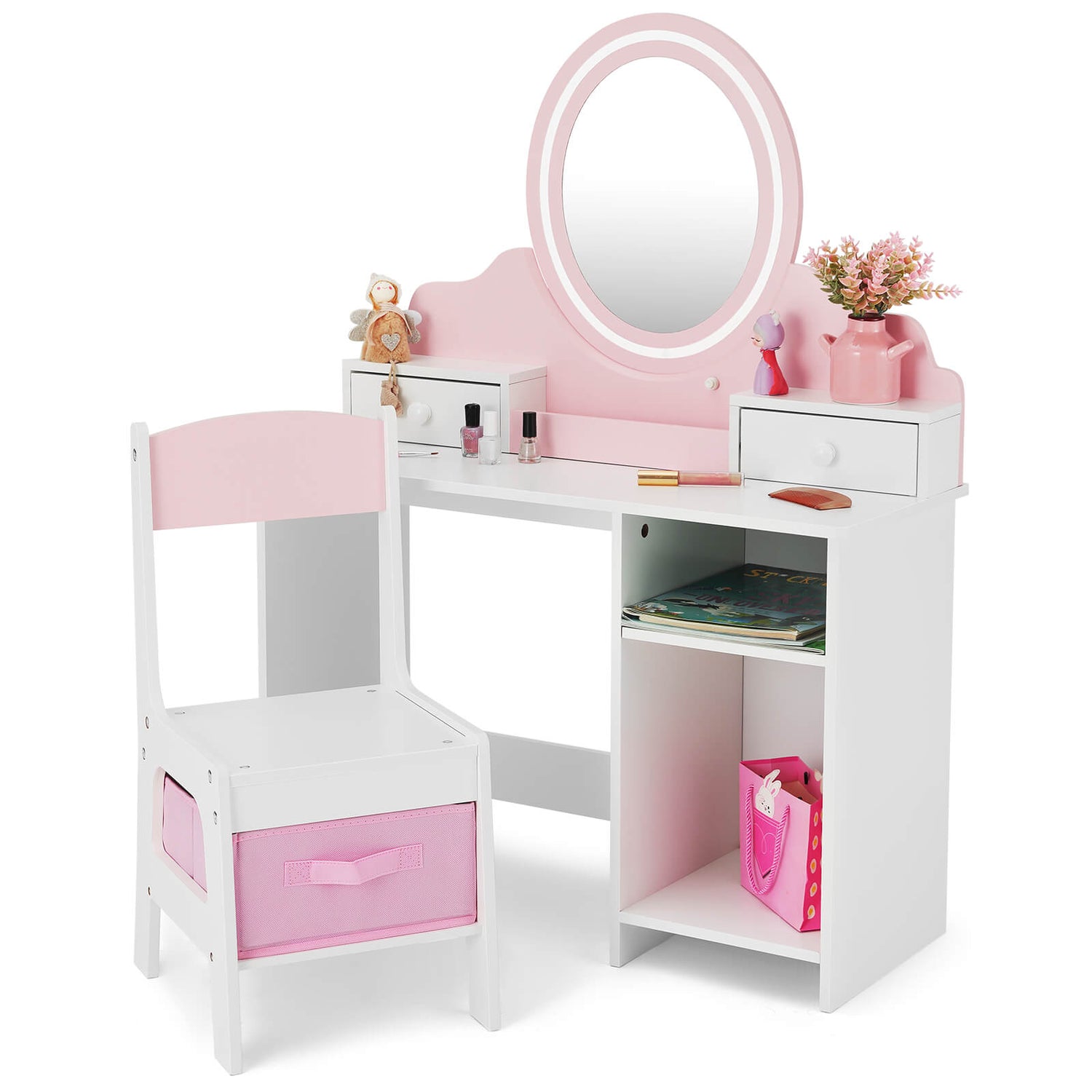 Kids Vanity with Lights, Pink Girls Makeup Vanity with 2 Drawer, Storage Cabinet & Shelves, 2 in 1 Toddler Vanity Table and Chair Set, Dressing Table for Kids 3+