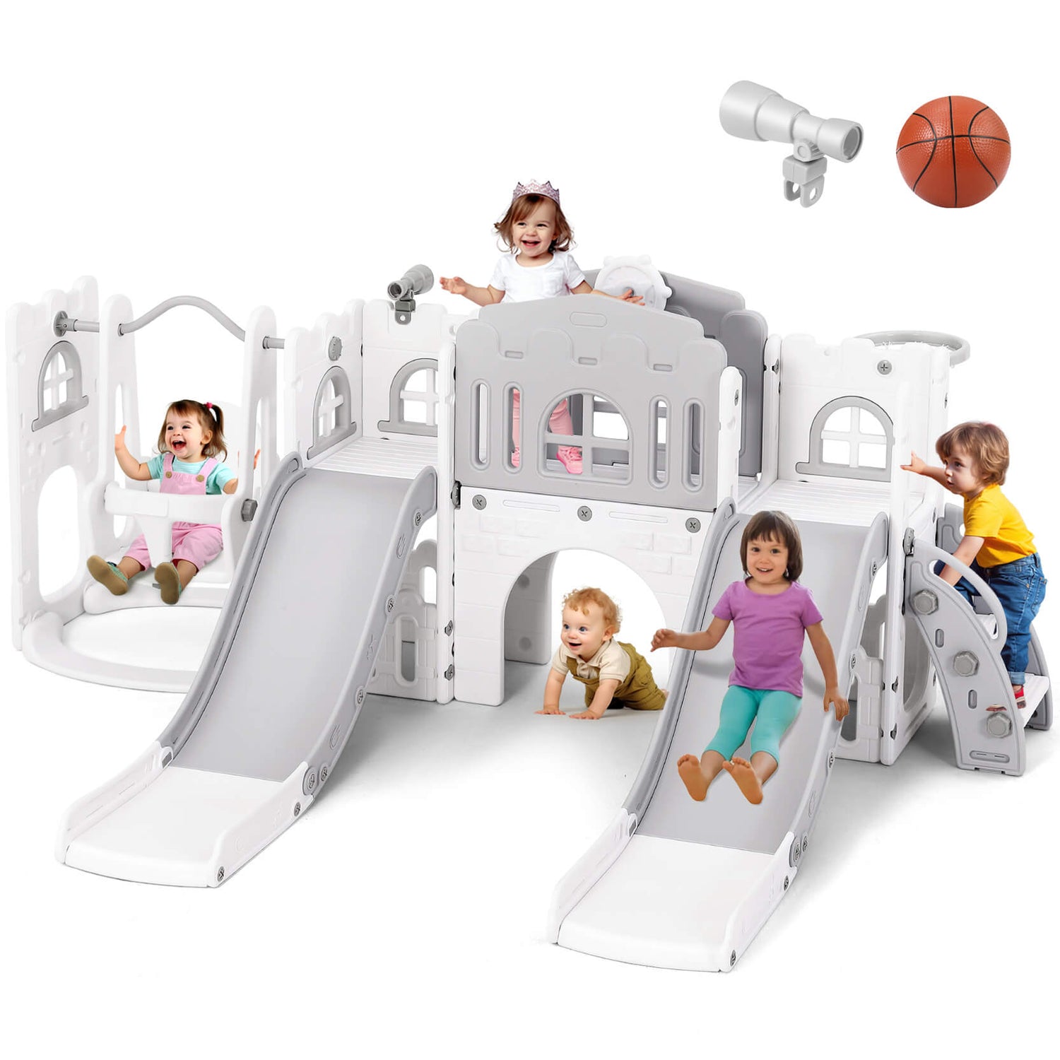 10 in 1 Toddler Slide, Double Kid Climber Slide Playset w/Swing, Basketball Hoop, Telescope, Tunnel, Storage Space and Non-Slip Steps, Indoor Outdoor Backyard Playground Toy for Toddlers