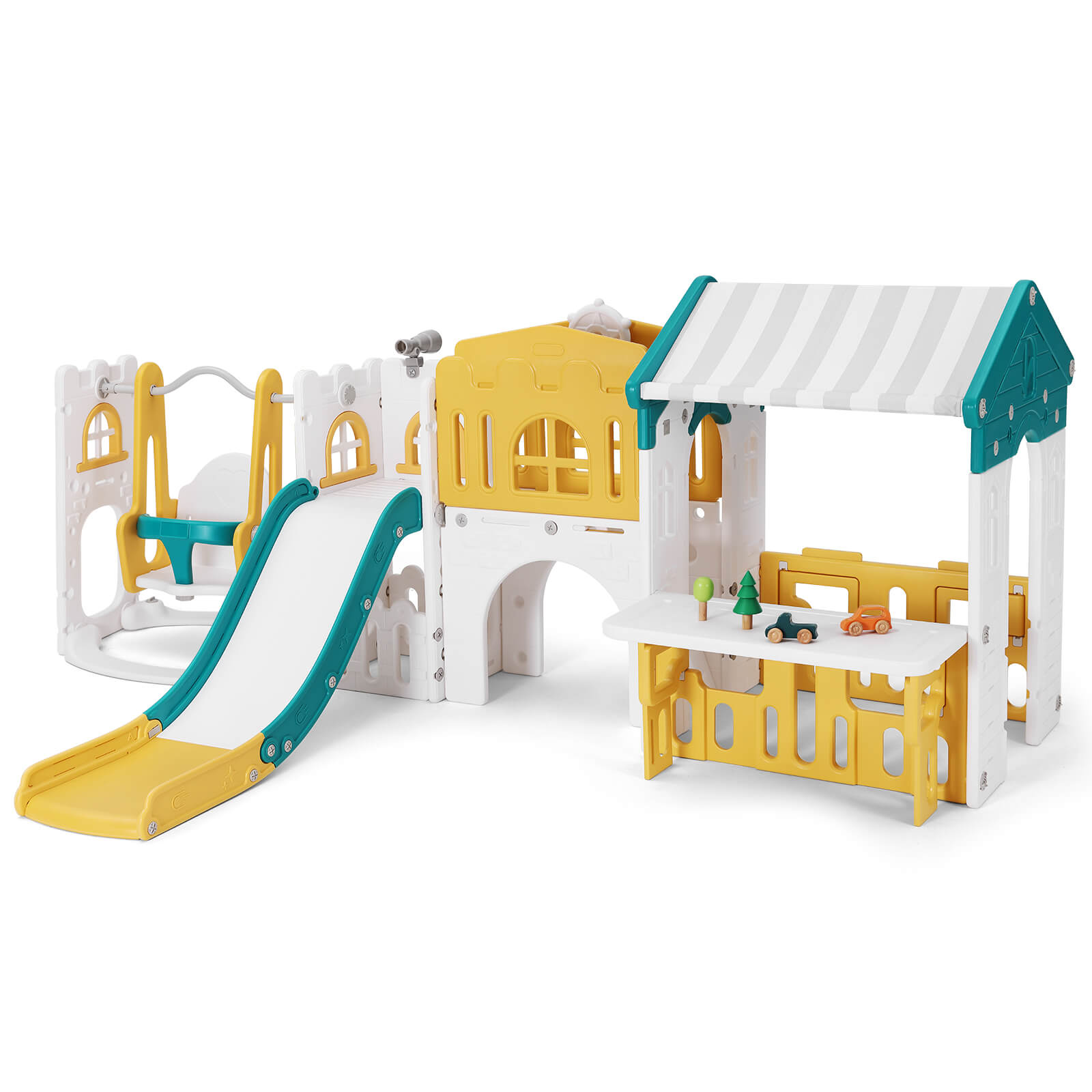 #40123 10 in 1 Toddler Slide, Freestanding Kid Climber Slide Playset, Toddler Playhouse with Slide and Swing, Basketball Hoop, Telescope, Indoor Outdoor Backyard Playground Toy for Toddlers Age 1-3+