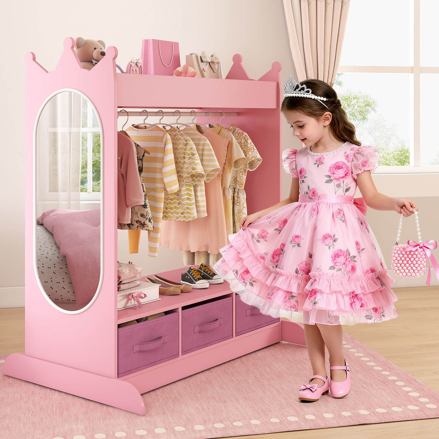 Kids Dress Up Storage with Mirror and Drawers, Kid Armoire Dresser, Pretend Storage Closet for Kids, Costume Wardrobe with Top Shelf for Playroom Bedroom