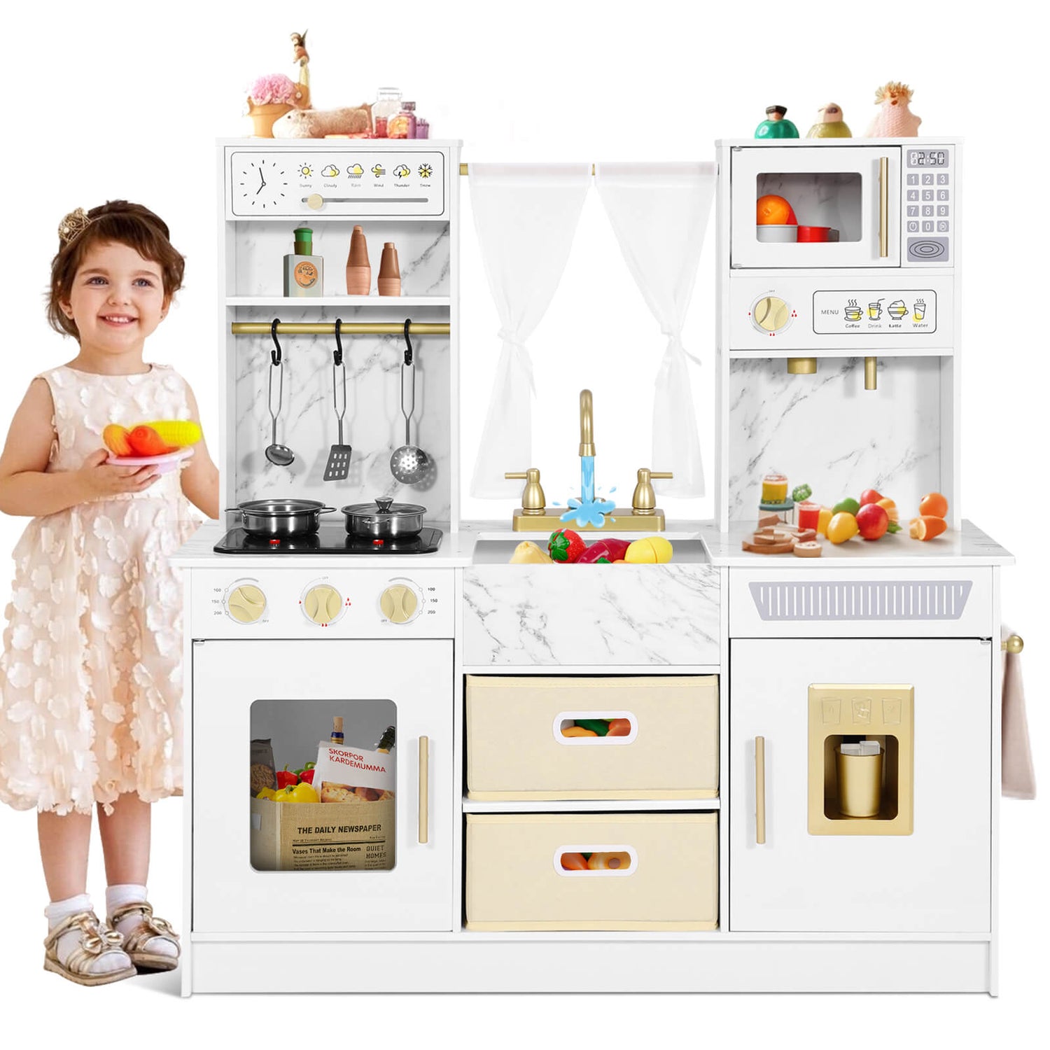 Play Kitchen, Wooden Kids Play Kitchen Playset Chef Pretend Play Set for Toddlers w/Ice Cube Dispenser, Oven, Cooking Accessories,Trendy Home Style w/Curtains, Storange Box, Gift for Ages 3+