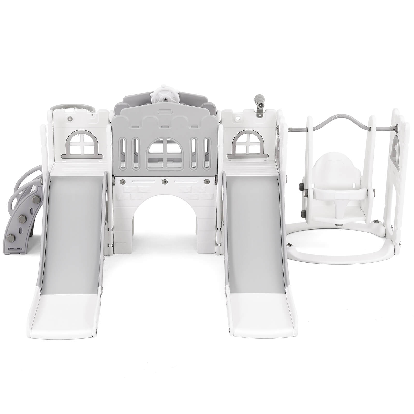 10 in 1 Toddler Slide, Double Kid Climber Slide Playset w/Swing, Basketball Hoop, Telescope, Tunnel, Storage Space and Non-Slip Steps, Indoor Outdoor Backyard Playground Toy for Toddlers