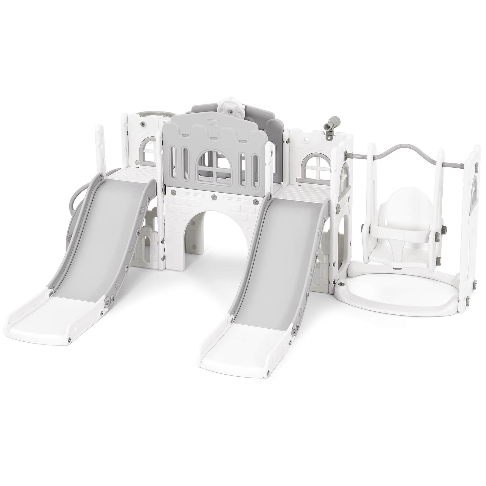 10 in 1 Toddler Slide, Double Kid Climber Slide Playset w/Swing, Basketball Hoop, Telescope, Tunnel, Storage Space and Non-Slip Steps, Indoor Outdoor Backyard Playground Toy for Toddlers