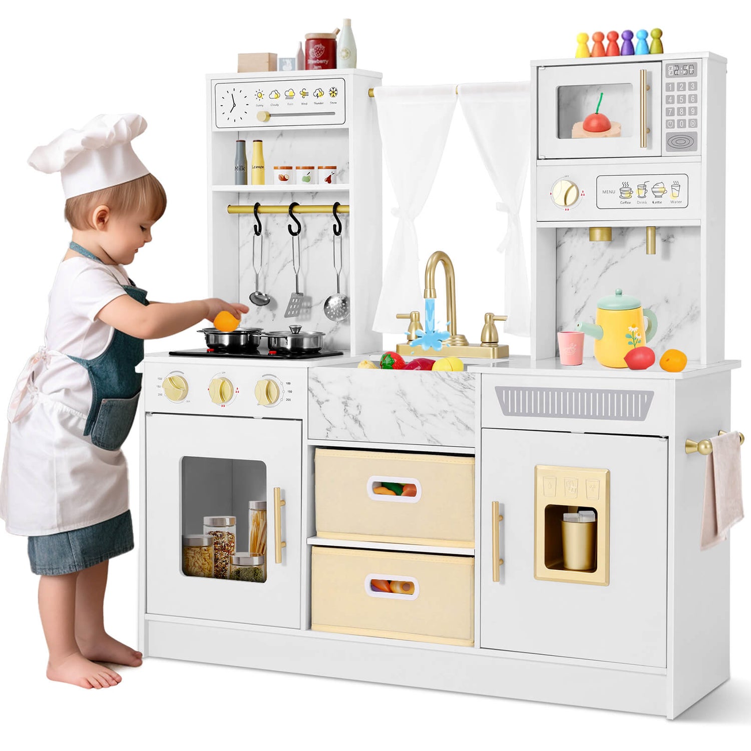 Play Kitchen, Wooden Kids Play Kitchen Playset Chef Pretend Play Set for Toddlers w/Ice Cube Dispenser, Oven, Cooking Accessories,Trendy Home Style w/Curtains, Storange Box, Gift for Ages 3+