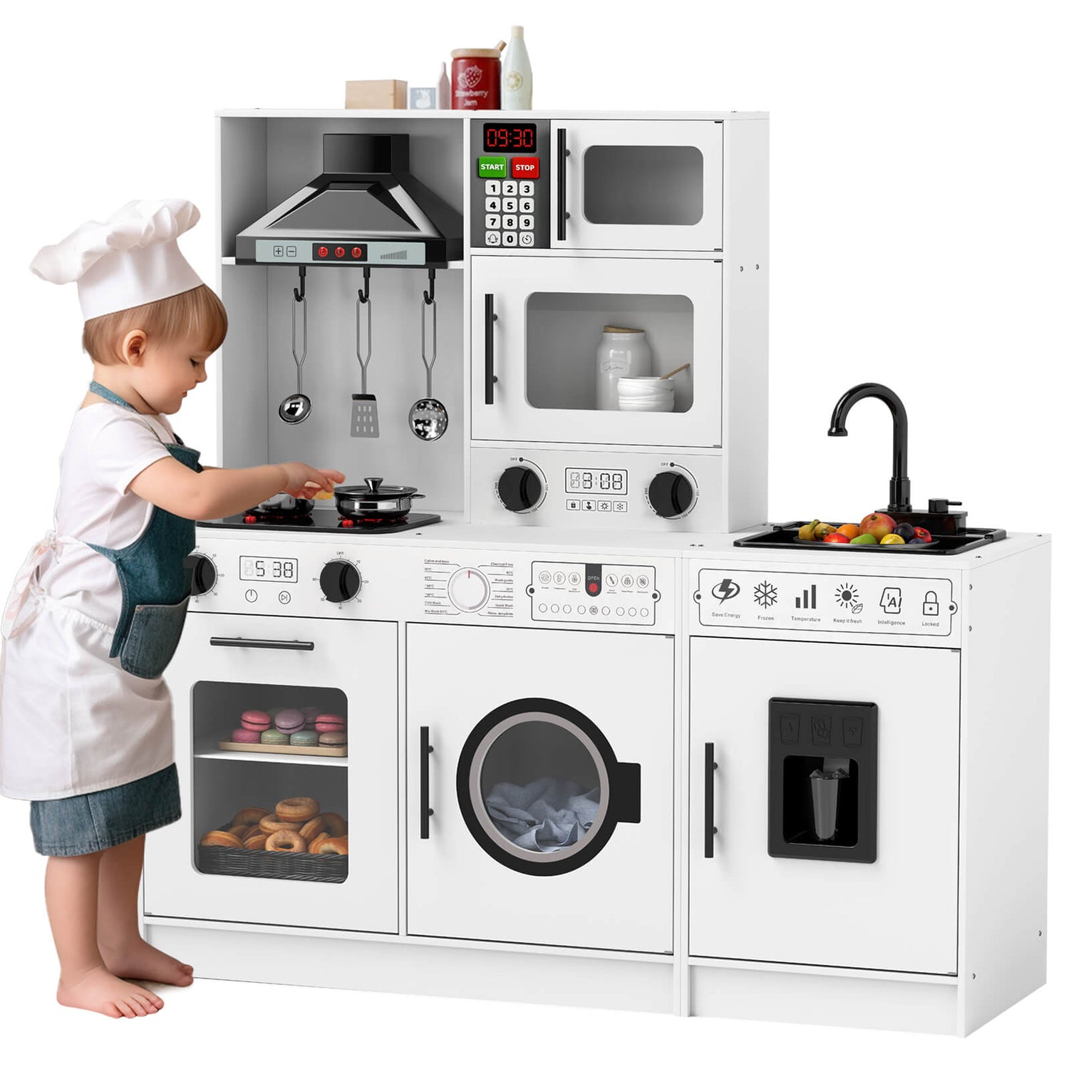 Play Kitchen, Wooden Kids Play Kitchen Playset Chef Pretend Play Set for Toddlers w/Sound and Light, Running Water, Oven, Washing Machine and Cookware Accessories for Age 3+ Toddlers