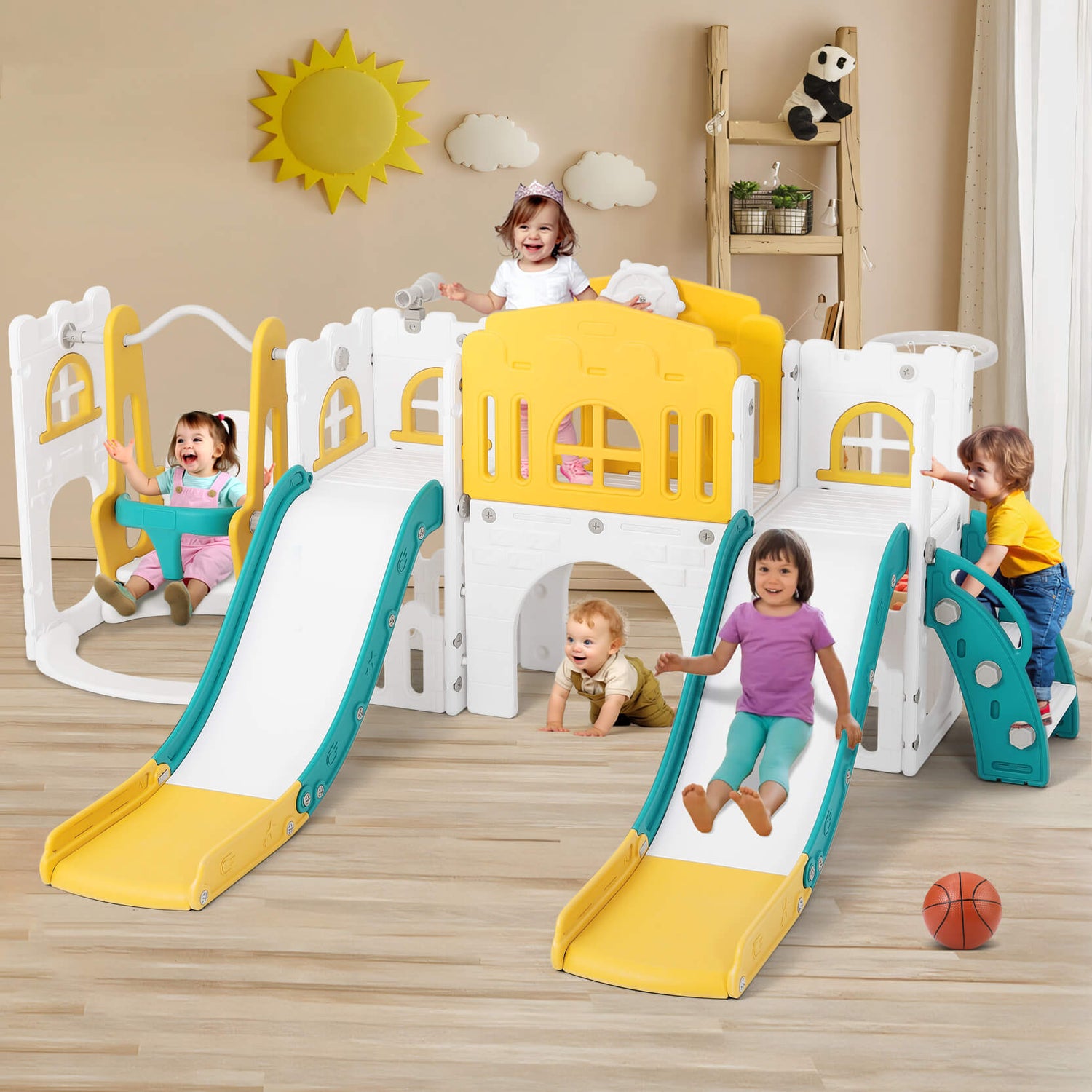 10 in 1 Toddler Slide, Double Kid Climber Slide Playset w/Swing, Basketball Hoop, Telescope, Tunnel, Storage Space and Non-Slip Steps, Indoor Outdoor Backyard Playground Toy for Toddlers