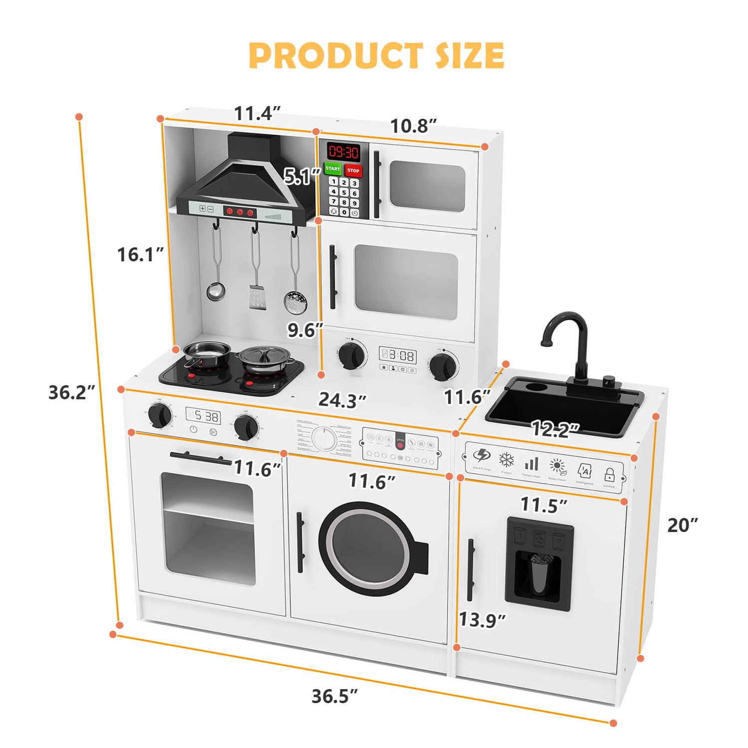 Play Kitchen, Wooden Kids Play Kitchen Playset Chef Pretend Play Set for Toddlers w/Sound and Light, Running Water, Oven, Washing Machine and Cookware Accessories for Age 3+ Toddlers