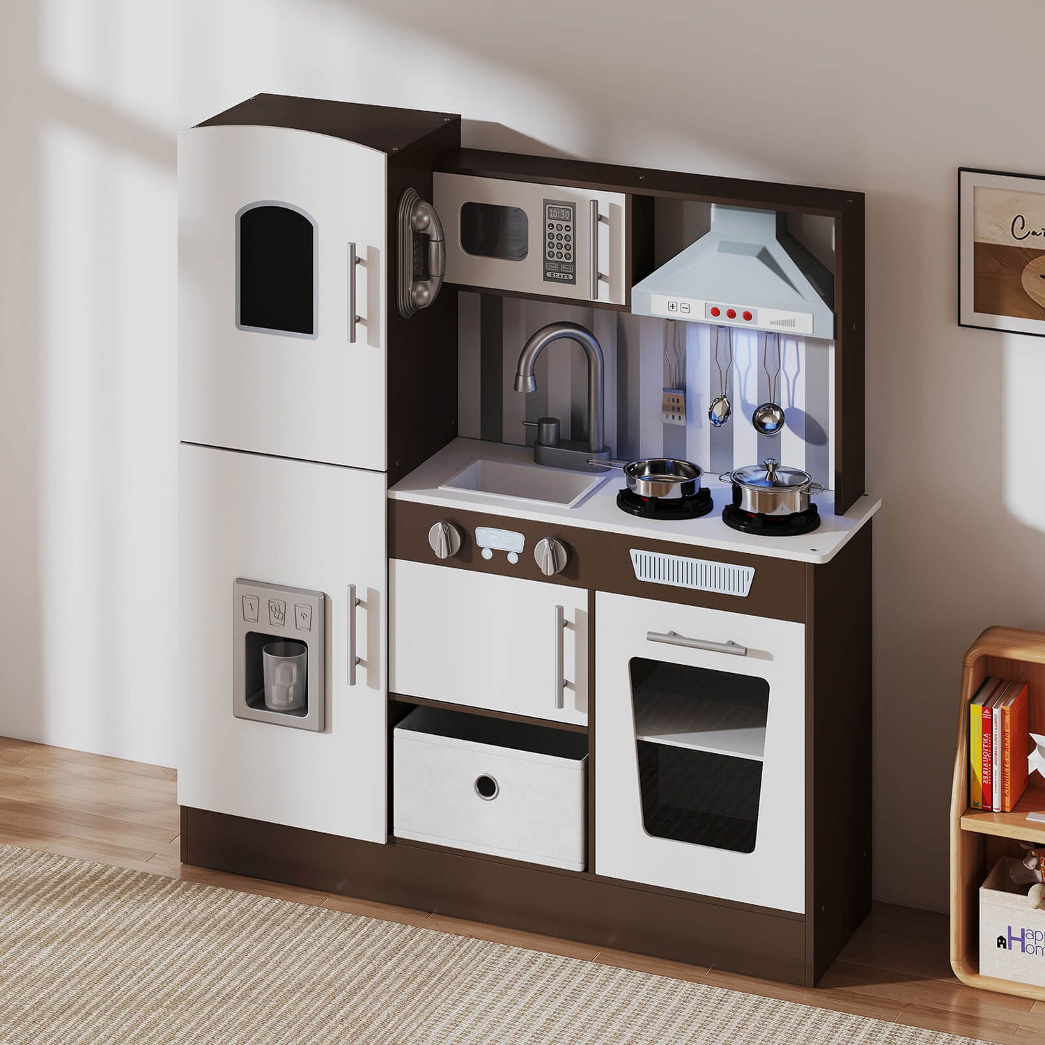 Kids Play Kitchen Set, Pretend Wooden Kid Kitchen Playset Toy Kitchen w/Sound and Light, Oven, Ice Maker, Blackboard & Toy Storage Box, Toddler Kitchen Accessories for Kids Ages 3+