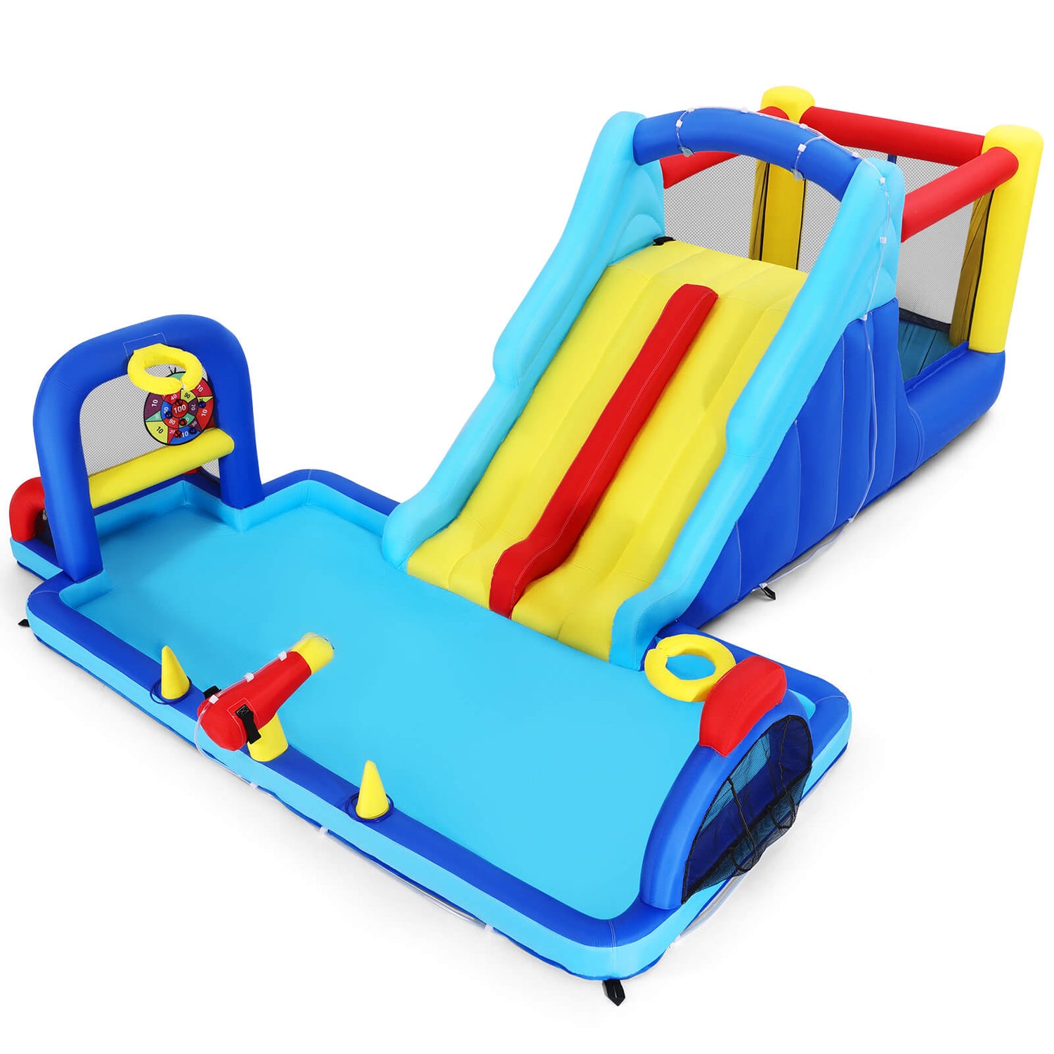 Inflatable Water Slide Bounce House, Double Slide Bouncer Castle Playhouse w/Splash Pool,Jump Area, Climbing Wall,Basketball Hoop, Water Balls, 550W Air Blower for Kids Birthday Party, Indoor Outdoor