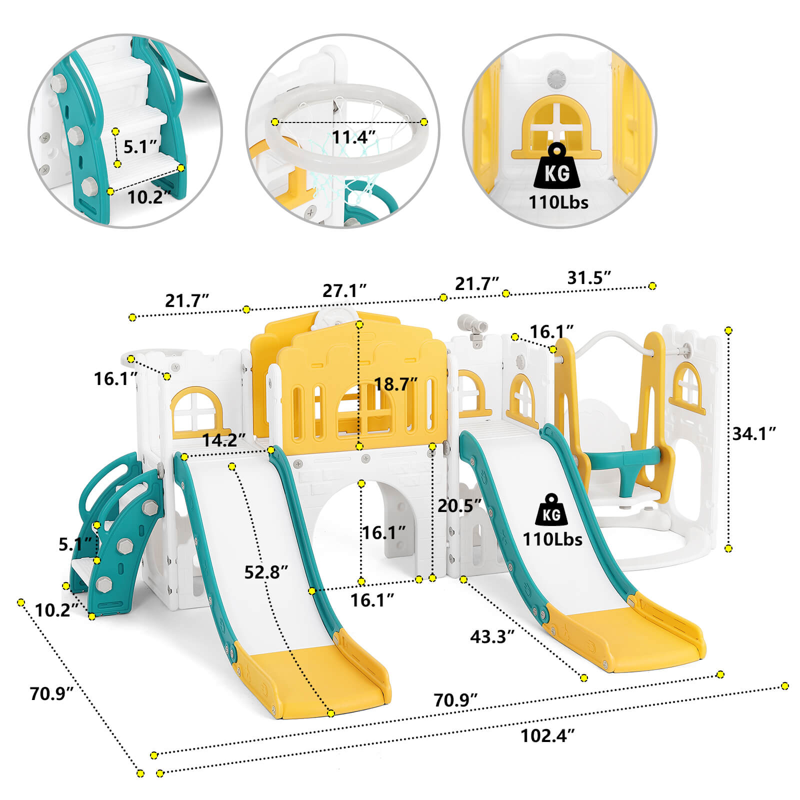 10 in 1 Toddler Slide, Double Kid Climber Slide Playset w/Swing, Basketball Hoop, Telescope, Tunnel, Storage Space and Non-Slip Steps, Indoor Outdoor Backyard Playground Toy for Toddlers