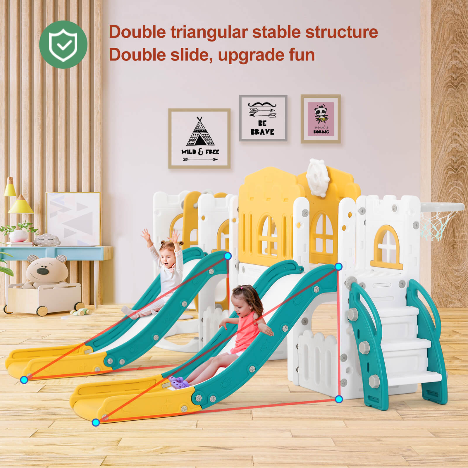 10 in 1 Toddler Slide, Double Kid Climber Slide Playset w/Swing, Basketball Hoop, Telescope, Tunnel, Storage Space and Non-Slip Steps, Indoor Outdoor Backyard Playground Toy for Toddlers