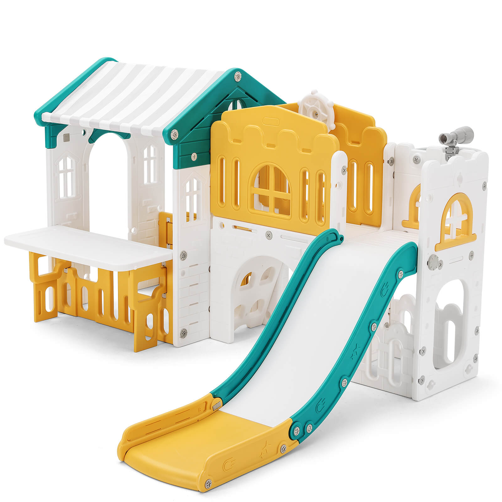 9 in 1 Toddler Slide, Freestanding Kid Climber Slide Playset, Toddler Playhouse with Slide, Basketball Hoop and Climbing Frame, Indoor Outdoor Backyard Playground Toy for Toddlers Age 1-3+