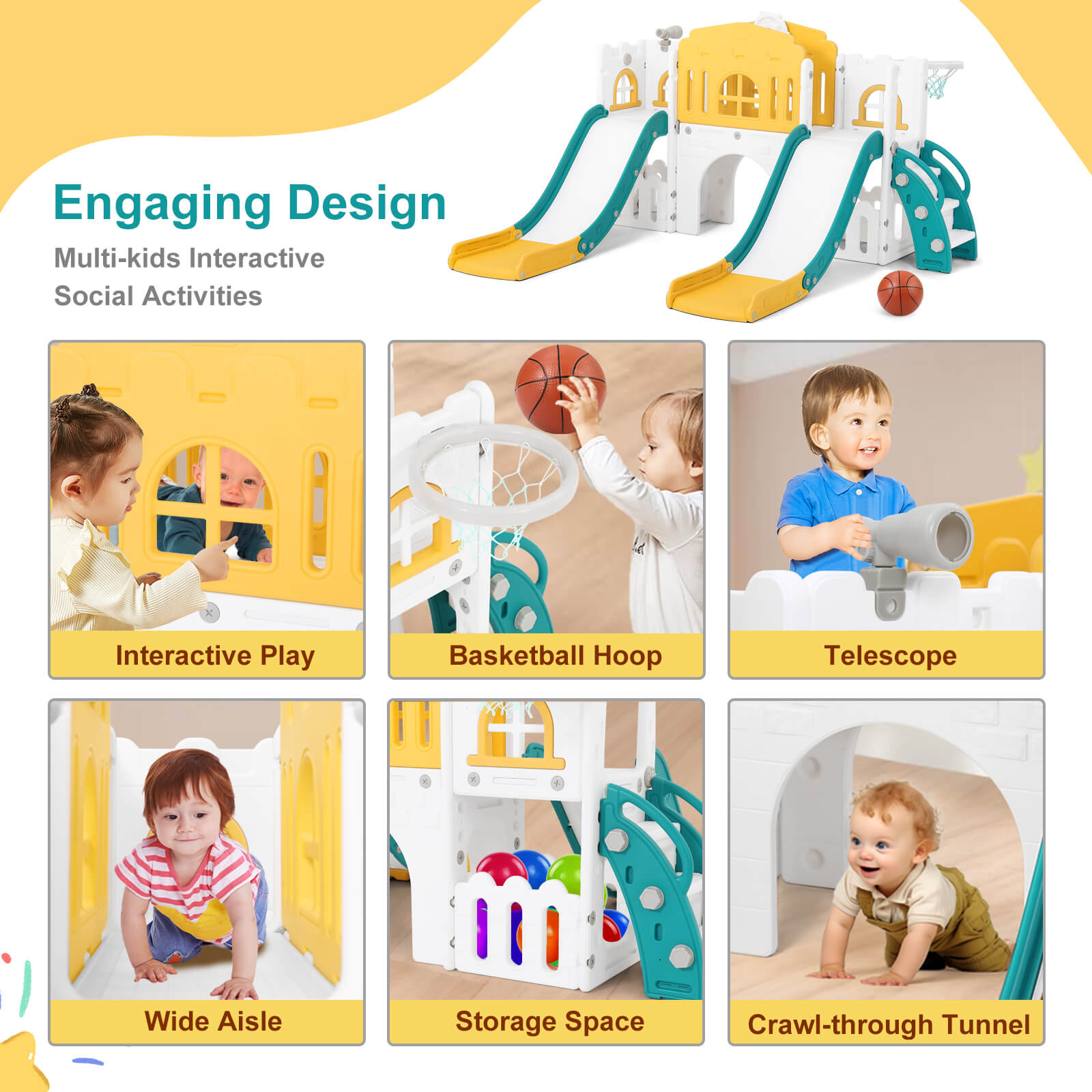 #40118 9 in 1 Toddler Slide, Toddler Playground with Double Slides, Climber,Basketball Hoop,Tunnel, Telescope, Storage Space and Non-Slip Step, Indoor Outdoor Backyard Playset for Toddlers Age 1-3+