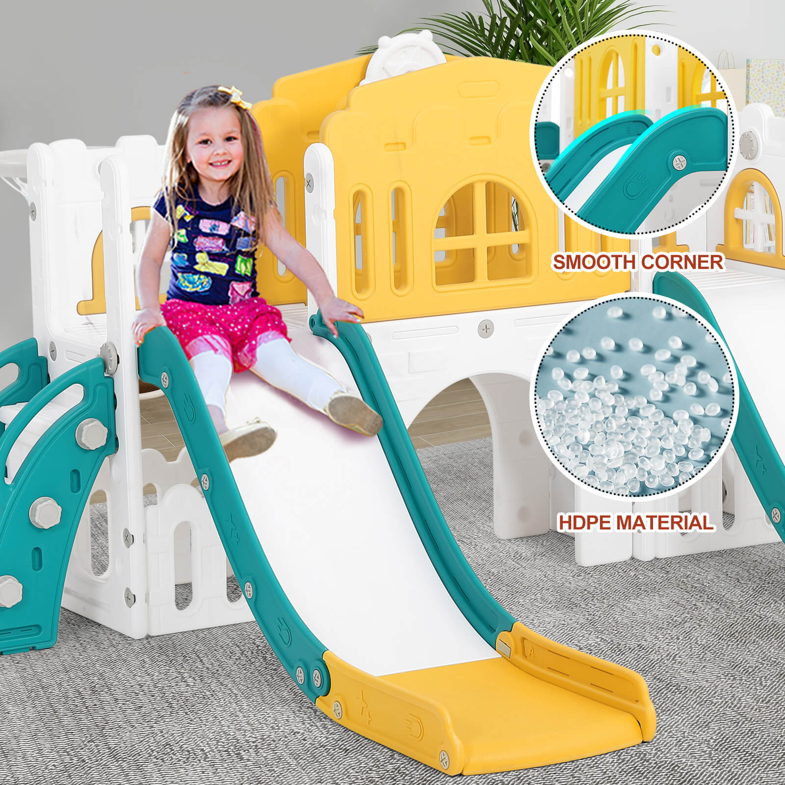 10 in 1 Toddler Slide, Double Kid Climber Slide Playset w/Swing, Basketball Hoop, Telescope, Tunnel, Storage Space and Non-Slip Steps, Indoor Outdoor Backyard Playground Toy for Toddlers