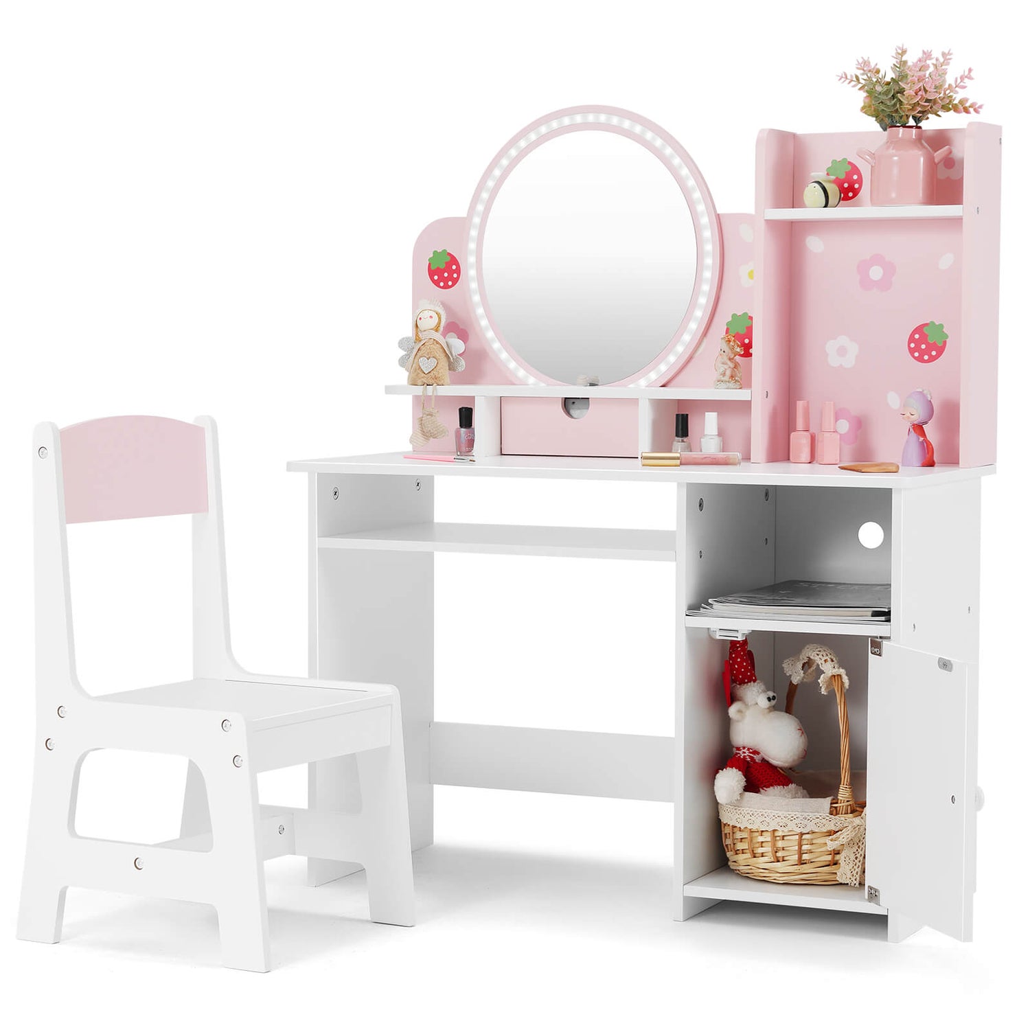 Kids Vanity with Lights, Pink Girls Makeup Vanity with Open Bookshelf, Storage Cabinet & Shelves, 2 in 1 Toddler Vanity Desk and Chair Set, Dressing Table for Kids 3+