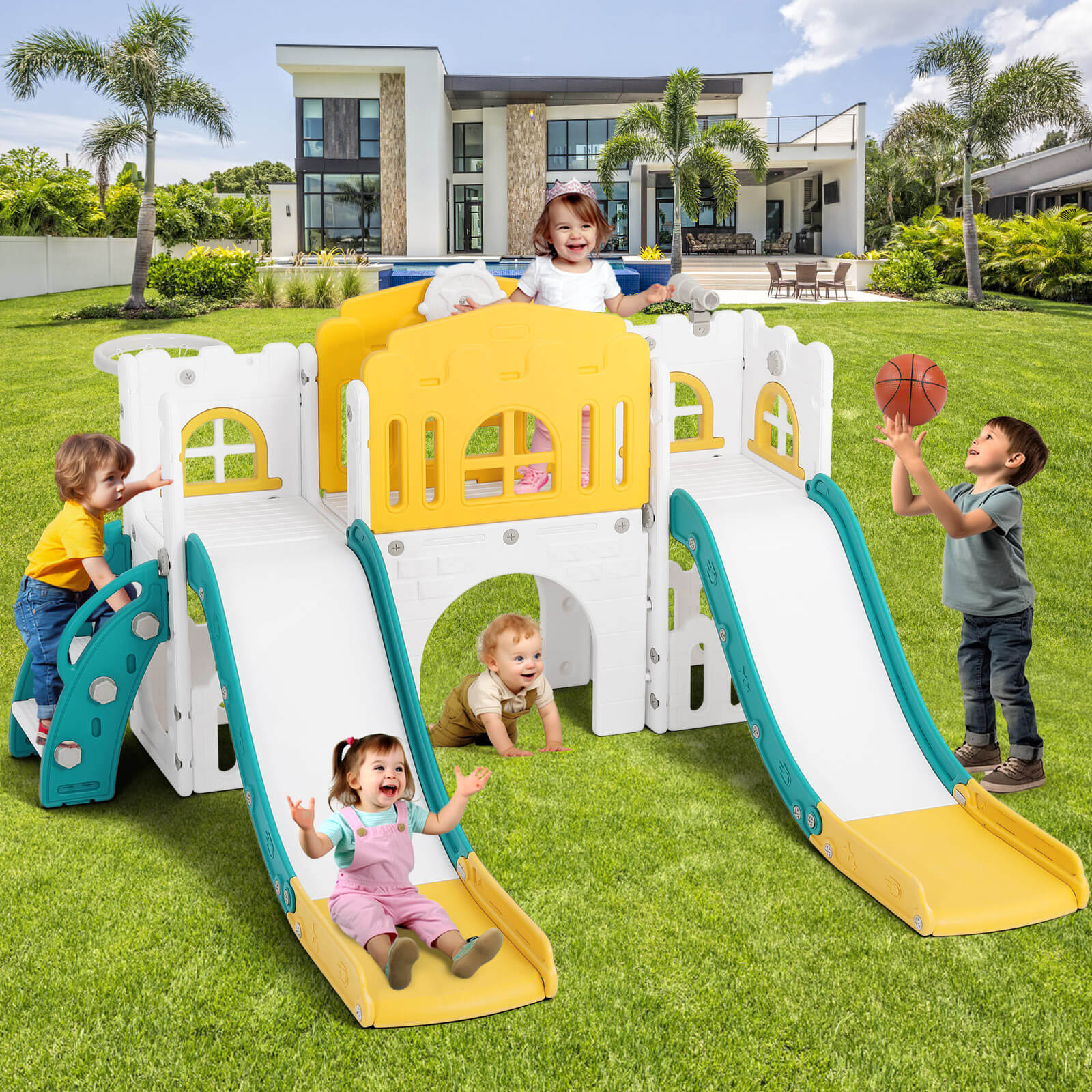 #40118 9 in 1 Toddler Slide, Toddler Playground with Double Slides, Climber,Basketball Hoop,Tunnel, Telescope, Storage Space and Non-Slip Step, Indoor Outdoor Backyard Playset for Toddlers Age 1-3+