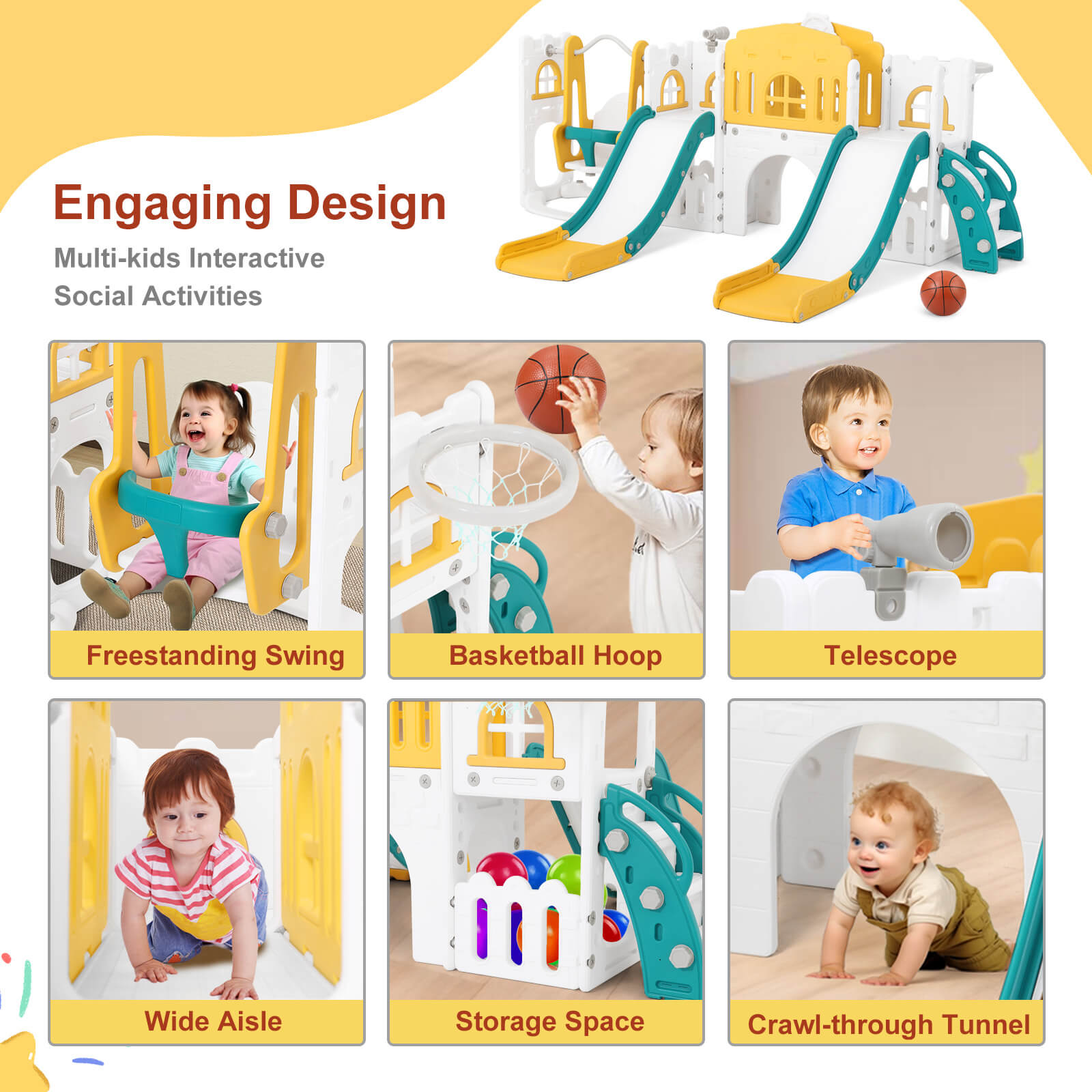 10 in 1 Toddler Slide, Double Kid Climber Slide Playset w/Swing, Basketball Hoop, Telescope, Tunnel, Storage Space and Non-Slip Steps, Indoor Outdoor Backyard Playground Toy for Toddlers