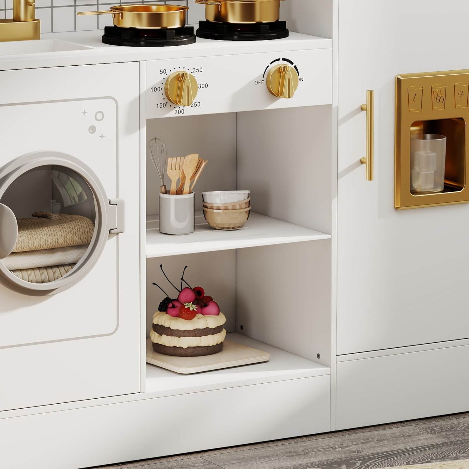 Kids Play Kitchen Set, Pretend Wooden Kid Kitchen Playset Toy Kitchen w/Sound and Light, Oven, Washing Machine, Toy Coffee Station and Toddler Kitchen Accessories for Kids Age 3+