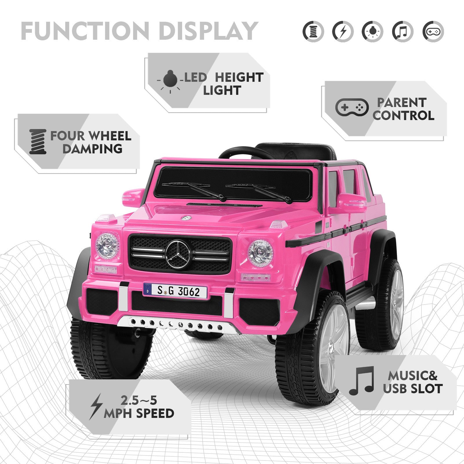 #40122 Licensed Mercedes-Benz Maybach G650S, 12V7AH Battery Powered Toy Electric Car for Kids with 2.4GHz Remote Control, 2 Motors, 3 Speeds, Lock, Music, Horn, LED Lights