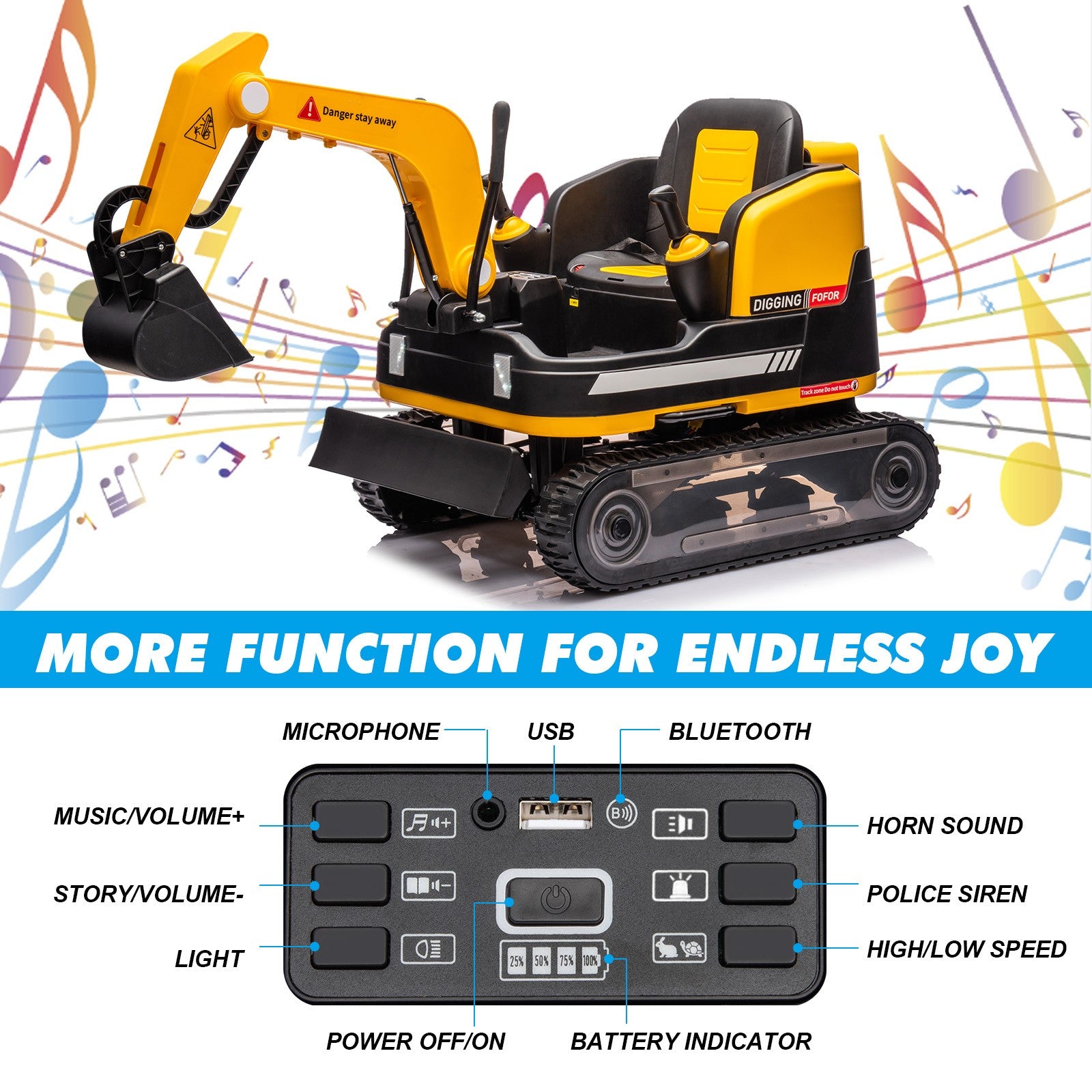 360 Degree Rotating Ride On Excavator and Bulldozer,JOYLDIAS 12V12AH Battery Powered Ride On Toy Backhoe W/Track Design Wheels for All Terrain,Remote Control,MP3,Toolbox for Kids