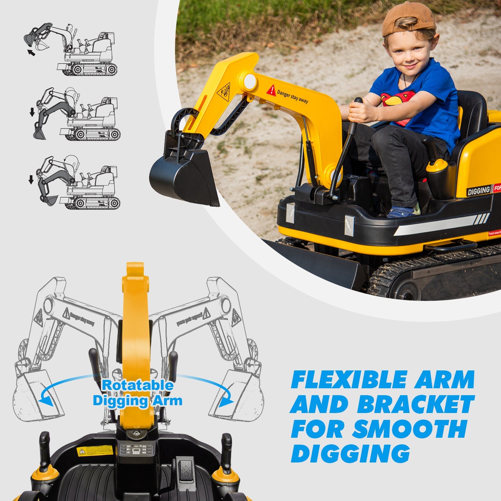 360 Degree Rotating Ride On Excavator and Bulldozer,JOYLDIAS 12V12AH Battery Powered Ride On Toy Backhoe W/Track Design Wheels for All Terrain,Remote Control,MP3,Toolbox for Kids
