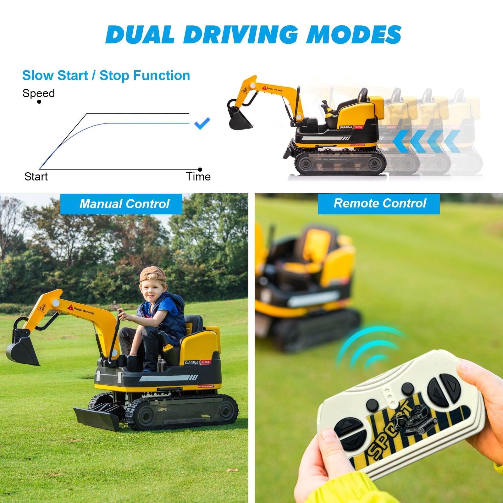 360 Degree Rotating Ride On Excavator and Bulldozer,JOYLDIAS 12V12AH Battery Powered Ride On Toy Backhoe W/Track Design Wheels for All Terrain,Remote Control,MP3,Toolbox for Kids