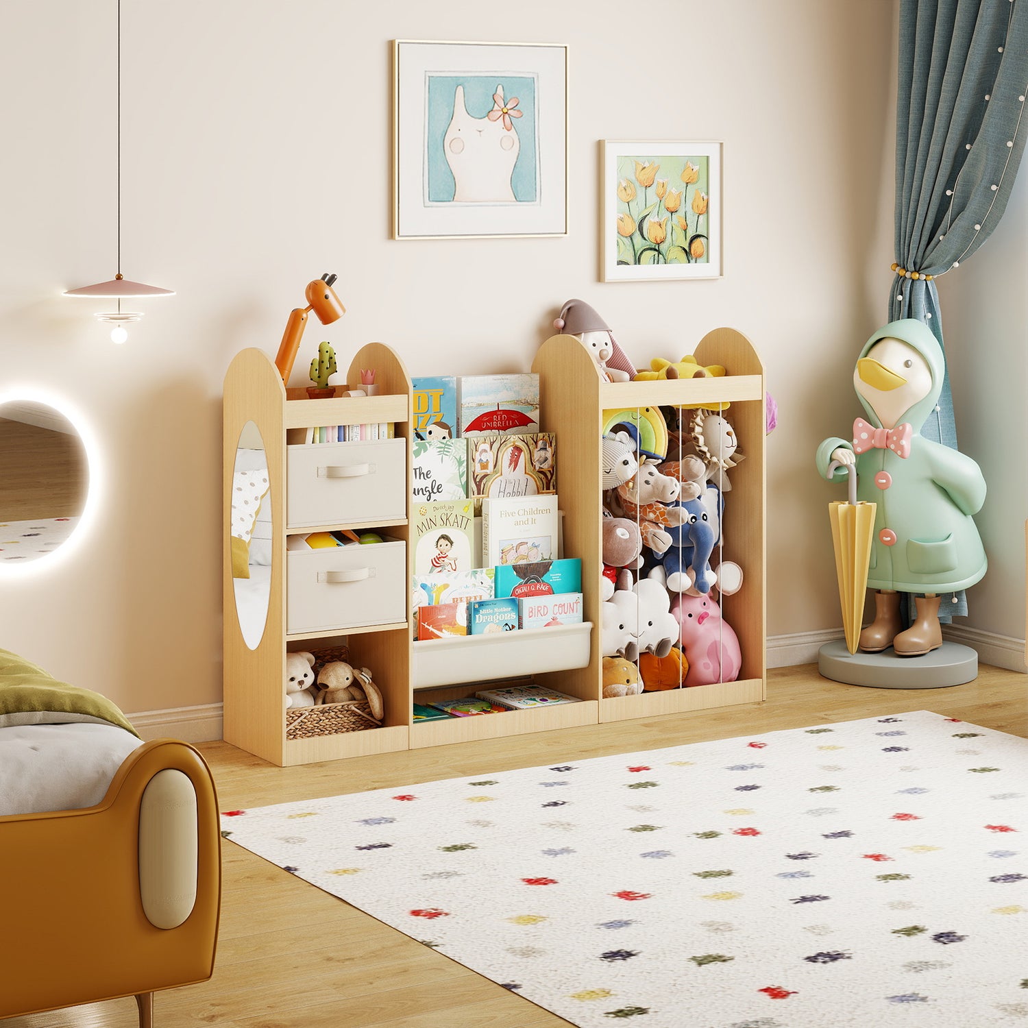4-Tier Kids Toy Storage Organizer with Bookshelf, 3 Cubbies, 2 Storage Bins & Mirror, Stuffed Animal Storage, Toy Chest for Kids Room Playroom Classroom