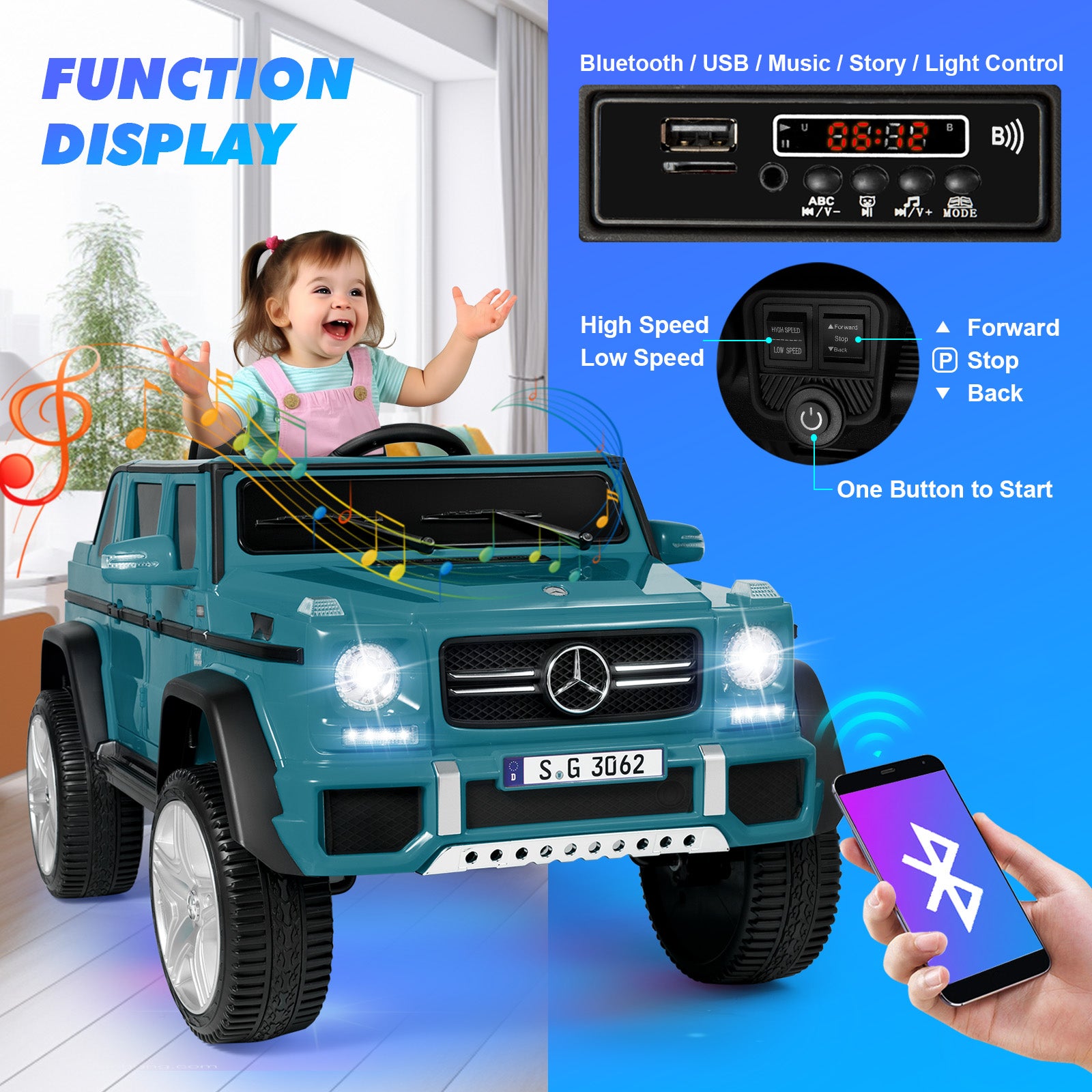 #40122 Licensed Mercedes-Benz Maybach G650S, 12V7AH Battery Powered Toy Electric Car for Kids with 2.4GHz Remote Control, 2 Motors, 3 Speeds, Lock, Music, Horn, LED Lights