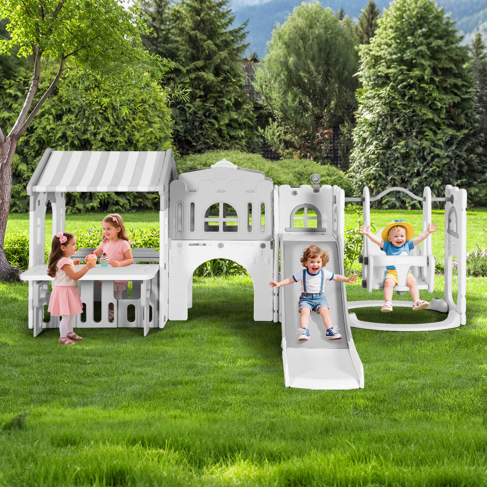 #40123 10 in 1 Toddler Slide, Freestanding Kid Climber Slide Playset, Toddler Playhouse with Slide and Swing, Basketball Hoop, Telescope, Indoor Outdoor Backyard Playground Toy for Toddlers Age 1-3+