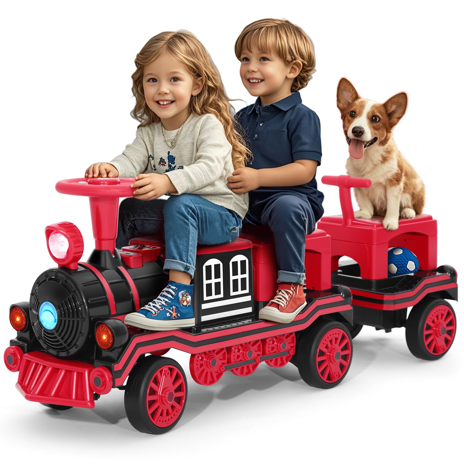 #40121 2 Seater Ride On Train, 12V Kids Ride On Toy with Music, Train Honk, Lights, High/Low Speed and Storage, Electric Car for Kids Aged 3+