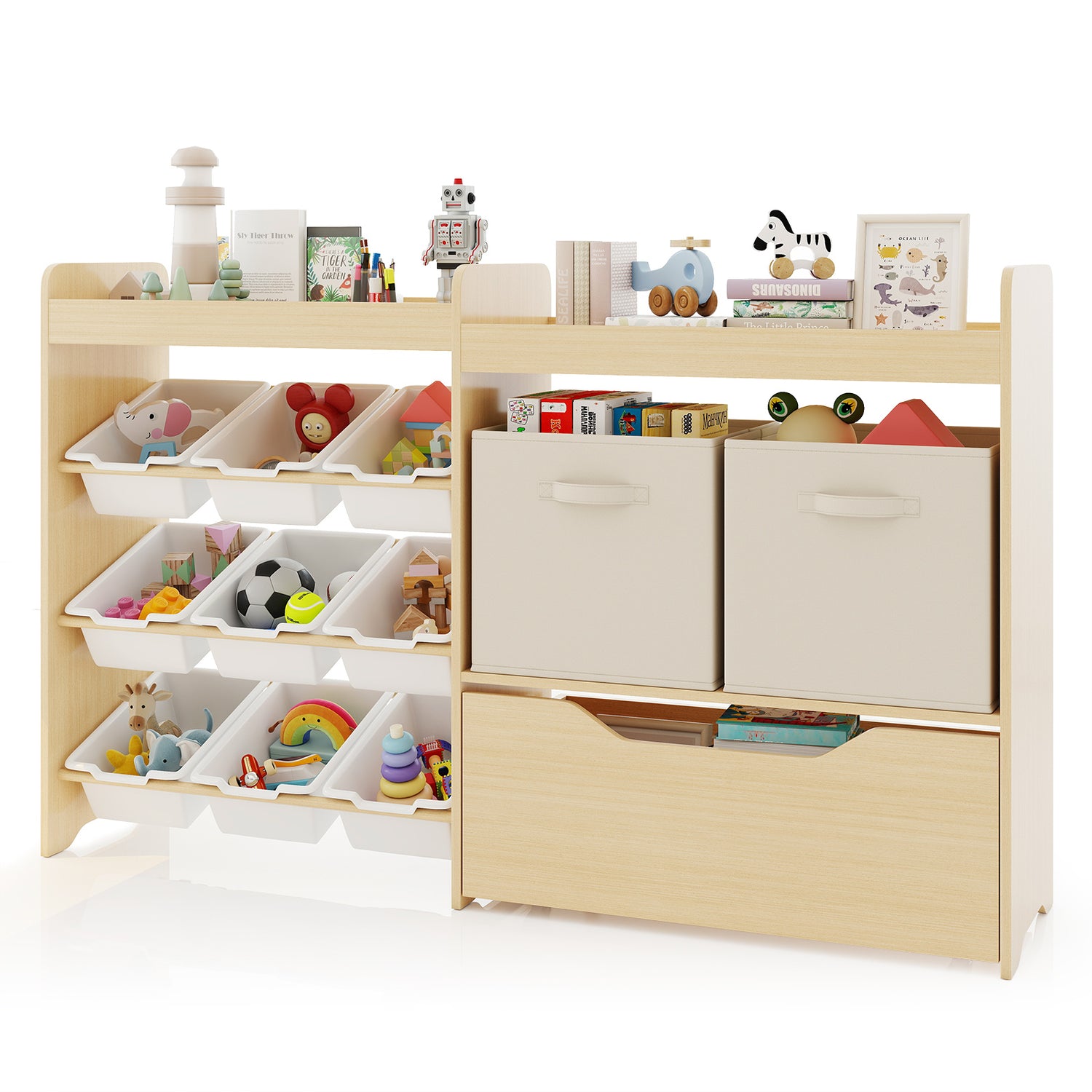 Toy Storage Organizer for Kids, 4 Tier Bookshelf w/9 Box Bins Toy Organizers, 2 Open Cubbies & Storage Bins, Movable Drawer, Hidden Wheels for Nursery, Playroom, Classroom