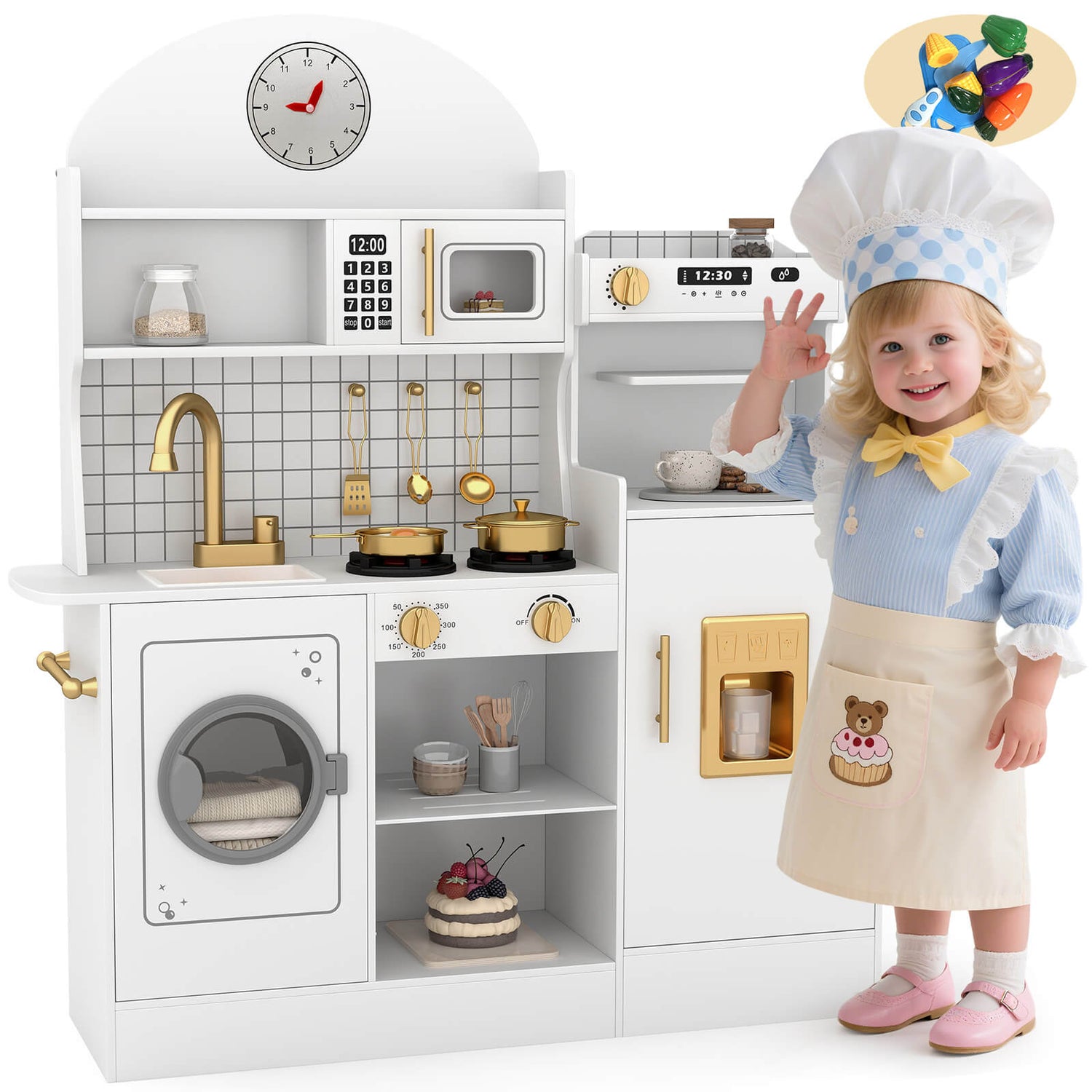 Kids Play Kitchen Set, Pretend Wooden Kid Kitchen Playset Toy Kitchen w/Sound and Light, Oven, Washing Machine, Toy Coffee Station and Toddler Kitchen Accessories for Kids Age 3+