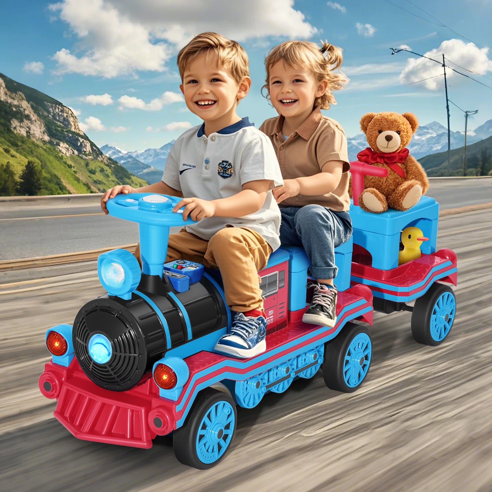 #40121 2 Seater Ride On Train, 12V Kids Ride On Toy with Music, Train Honk, Lights, High/Low Speed and Storage, Electric Car for Kids Aged 3+