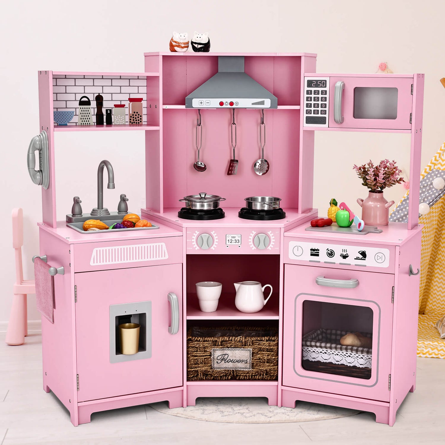 Kids Play Kitchen,Corner Wooden Pretend Toddler Kitchen Toys Playset with Realistic Lights & Sounds,Microwave Oven,Water Dispenser, Phone, Sink,Cooking Accessories, for Ages 3+, Pink