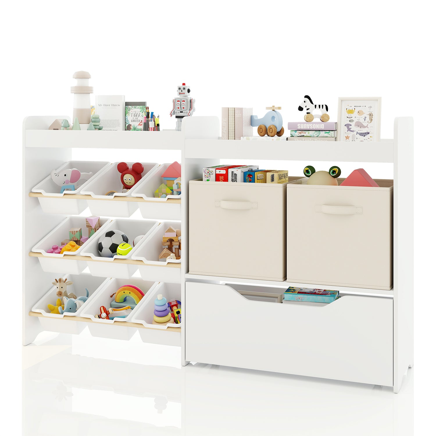 Toy Storage Organizer for Kids, 4 Tier Bookshelf w/9 Box Bins Toy Organizers, 2 Open Cubbies & Storage Bins, Movable Drawer, Hidden Wheels for Nursery, Playroom, Classroom