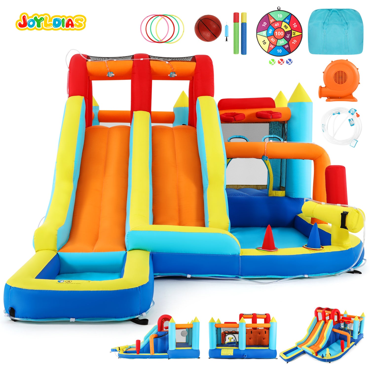 Inflatable Water Slide Park, Giant Bounce House with 450W Blower, Climbing Wall, Dual Basketball Hoops & Ring Toss Games - Outdoor Backyard Jumper