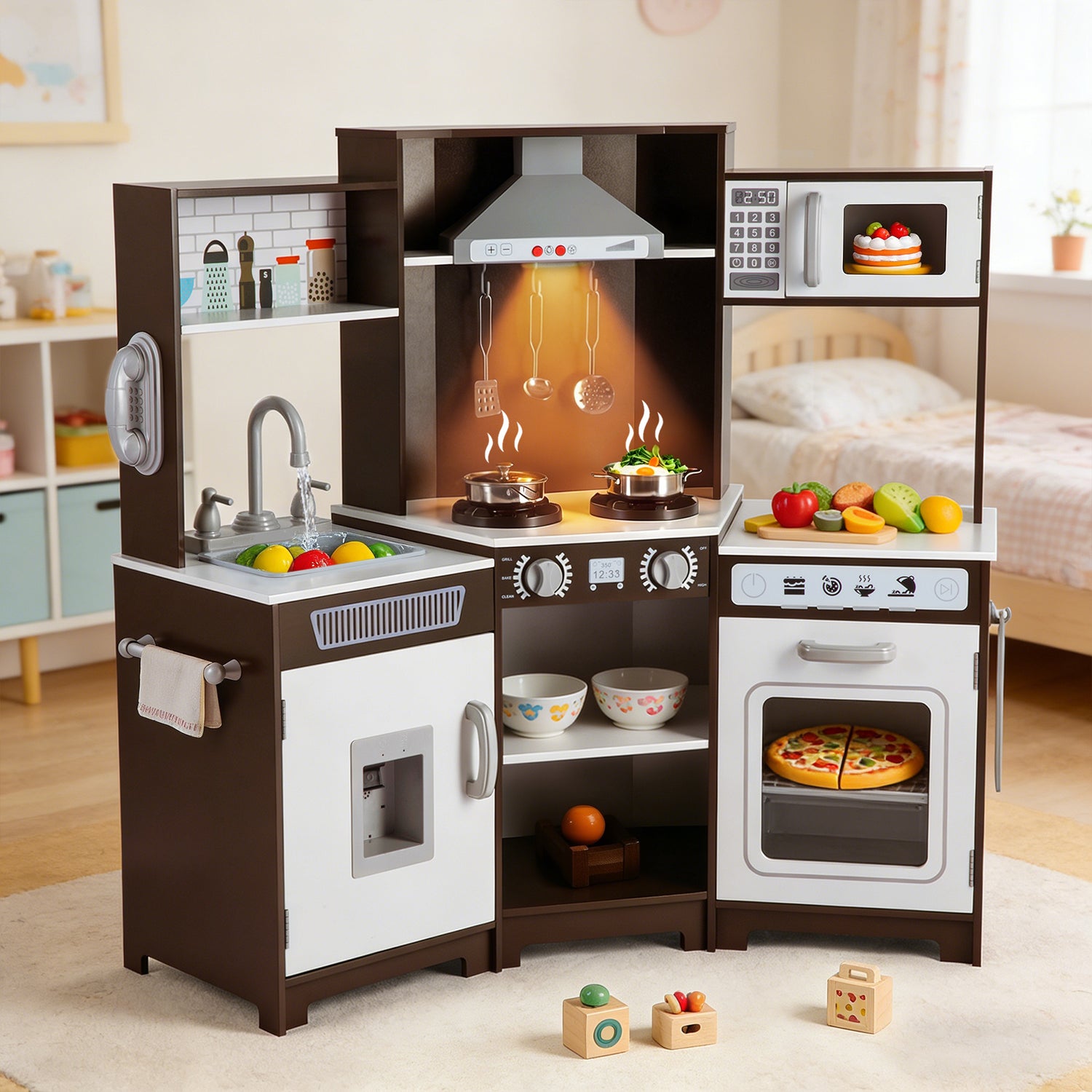 Kids Play Kitchen,Corner Wooden Pretend Toddler Kitchen Toys Playset with Realistic Lights & Sounds,Microwave Oven,Water Dispenser, Phone, Sink,Cooking Accessories, for Ages 3+