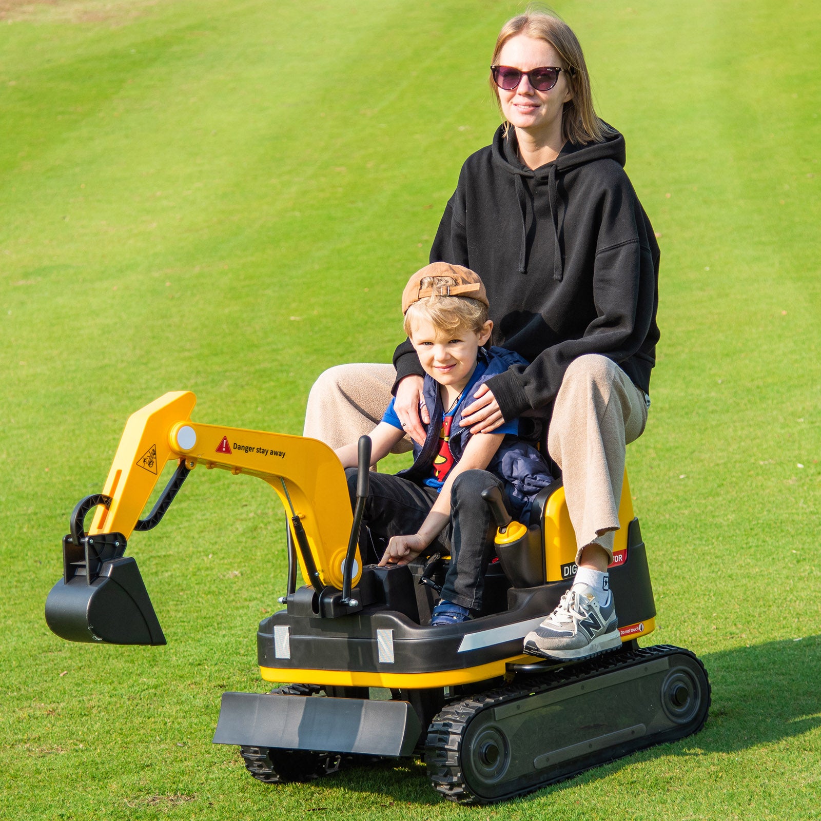 360 Degree Rotating Ride On Excavator and Bulldozer,JOYLDIAS 12V12AH Battery Powered Ride On Toy Backhoe W/Track Design Wheels for All Terrain,Remote Control,MP3,Toolbox for Kids