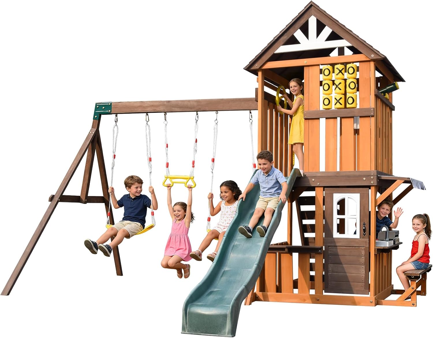 Cedar Wood Swing Set with Wave Slide, Play Kitchen, Rock Wall Ladder, Belt Swings, Toy Telescope, Steering Wheel, Tic-Tac-Toe, Balconies, Outdoor Playhouse Playground Set for Backyard Garden