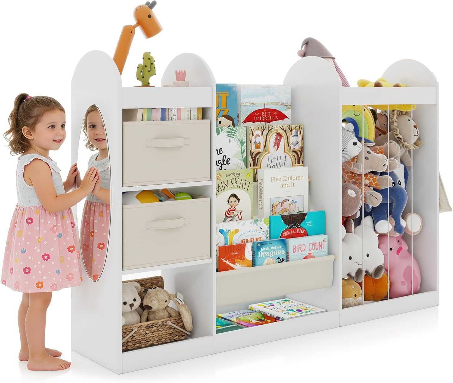 4-Tier Kids Toy Storage Organizer with Bookshelf, 3 Cubbies, 2 Storage Bins & Mirror, Stuffed Animal Storage, Toy Chest for Kids Room Playroom Classroom