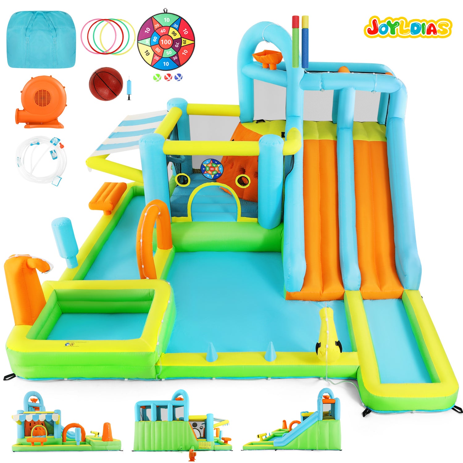 Inflatable Water Slide Bounce House for Kids, Luxury Heavy Duty Blow Up Water Park with Double Slides, Climbing Wall, Splash Pool and Sunshade Awning