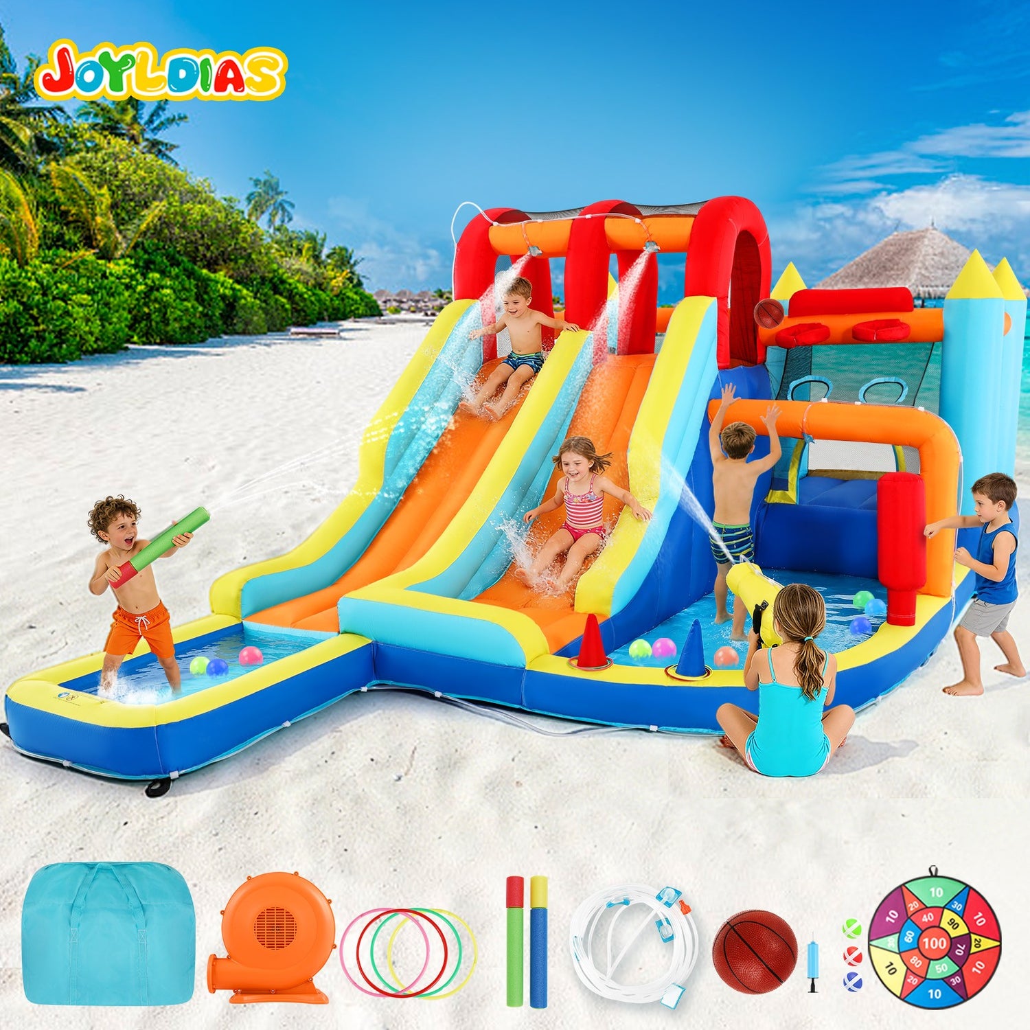 Inflatable Water Slide Park, Giant Bounce House with 450W Blower, Climbing Wall, Dual Basketball Hoops & Ring Toss Games - Outdoor Backyard Jumper