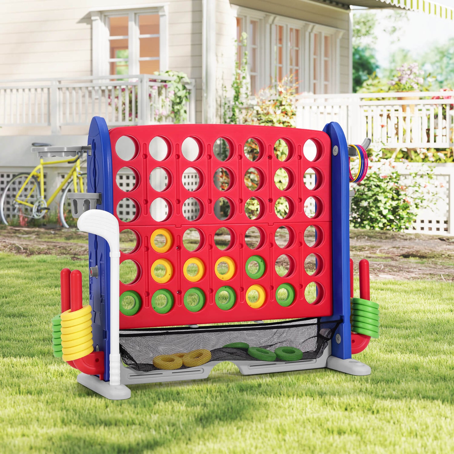 Jumbo 4-to-Score Giant Game Set, 4 in a Row Game with Ring Toss, Golf & More, 3.5FT Tall Indoor/Outdoor Connect Game with 42 Jumbo Rings & Quick-Release Slider, Holiday, Party & Family Games