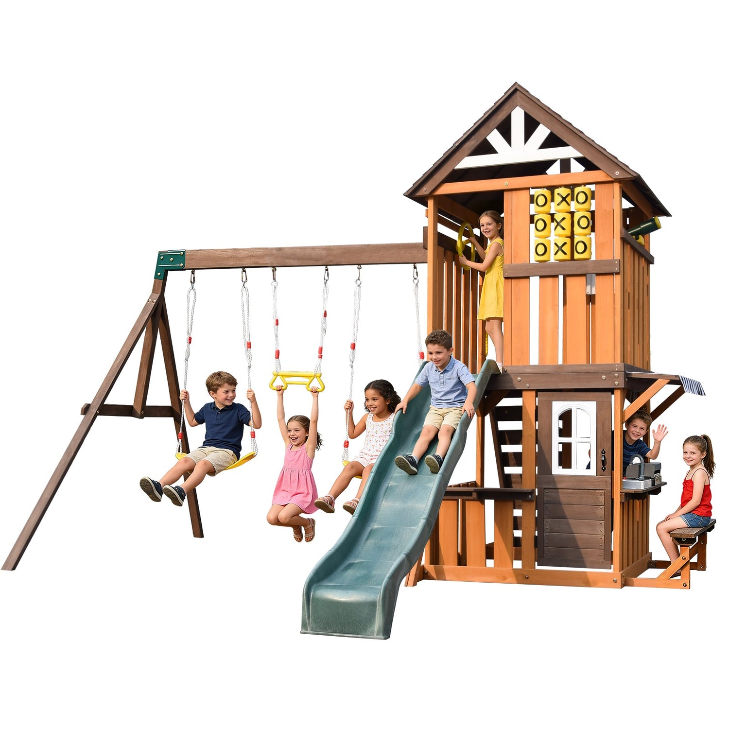 Cedar Wood Swing Set with Wave Slide, Play Kitchen, Rock Wall Ladder, Belt Swings, Toy Telescope, Steering Wheel, Tic-Tac-Toe, Balconies, Outdoor Playhouse Playground Set for Backyard Garden